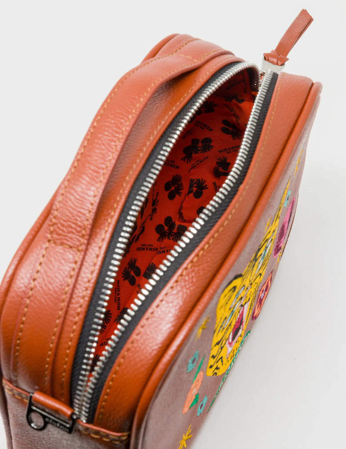 Verto Baked City Brown Leather Crossbody Bag - Happy Tiger Embroidery - Inside VIew