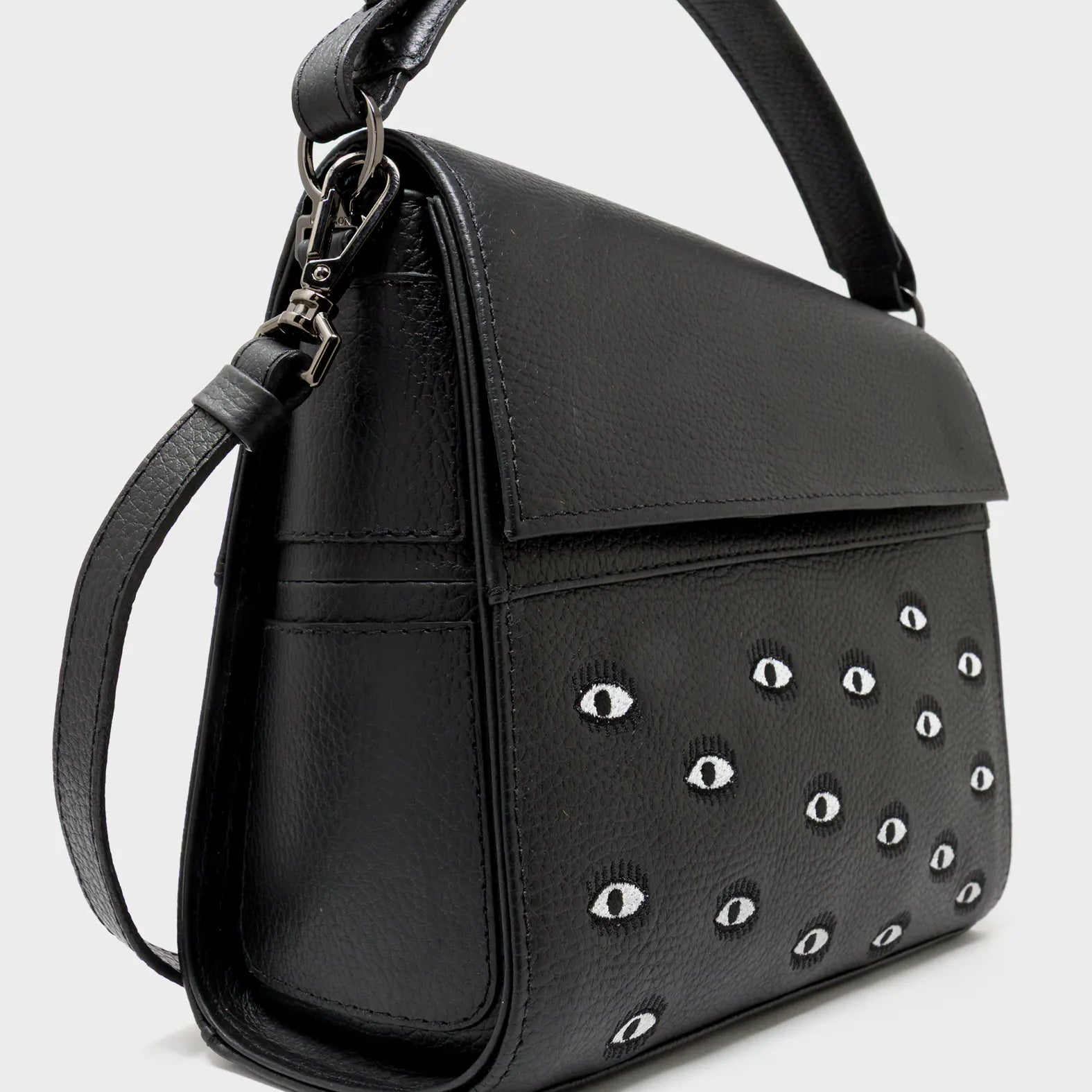 Anastasio Medium Crossbody Handbag Black Leather - All Over Eyes Embroidery - Side Corner View