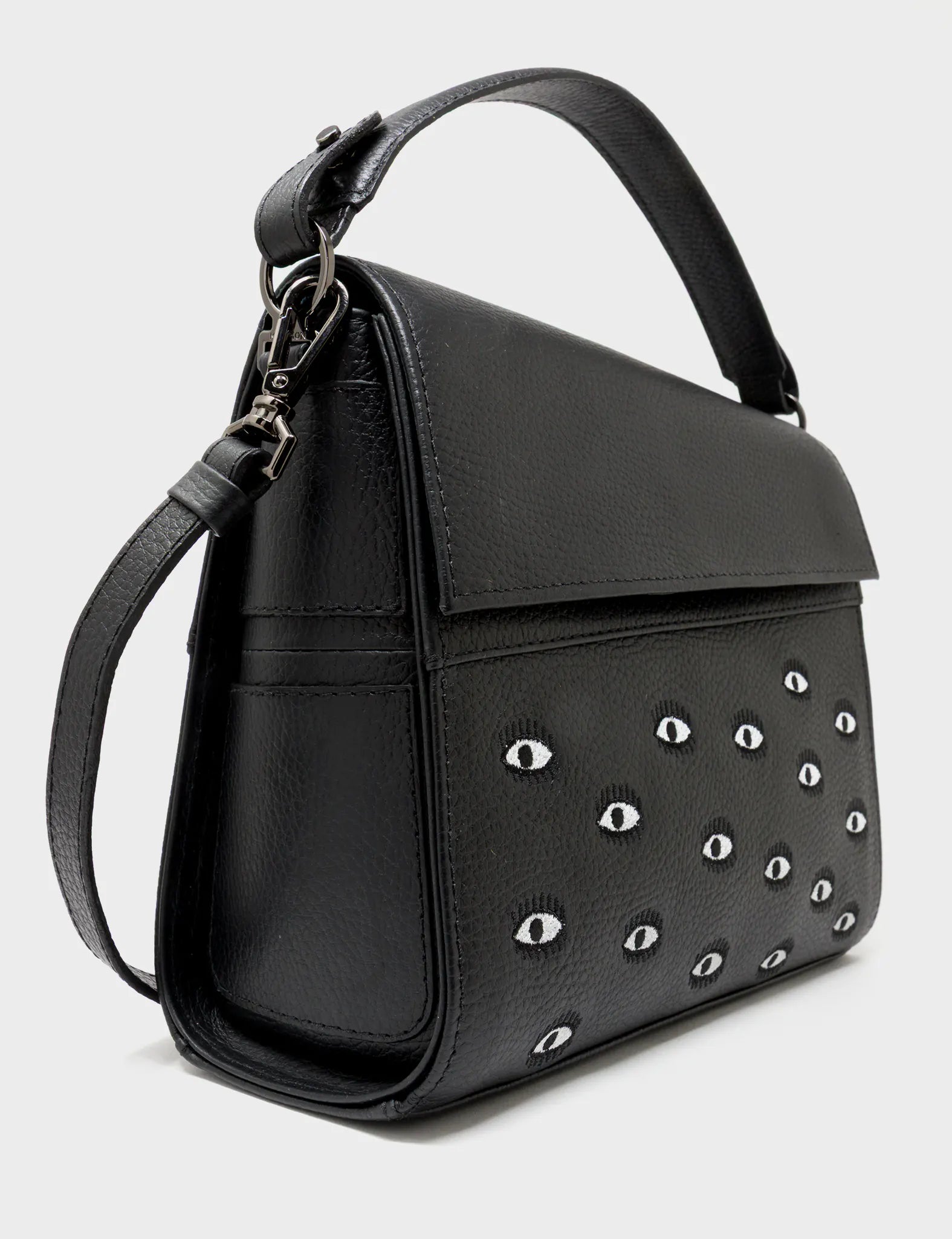 Anastasio Medium Crossbody Handbag Black Leather - All Over Eyes Embroidery - Side Corner View