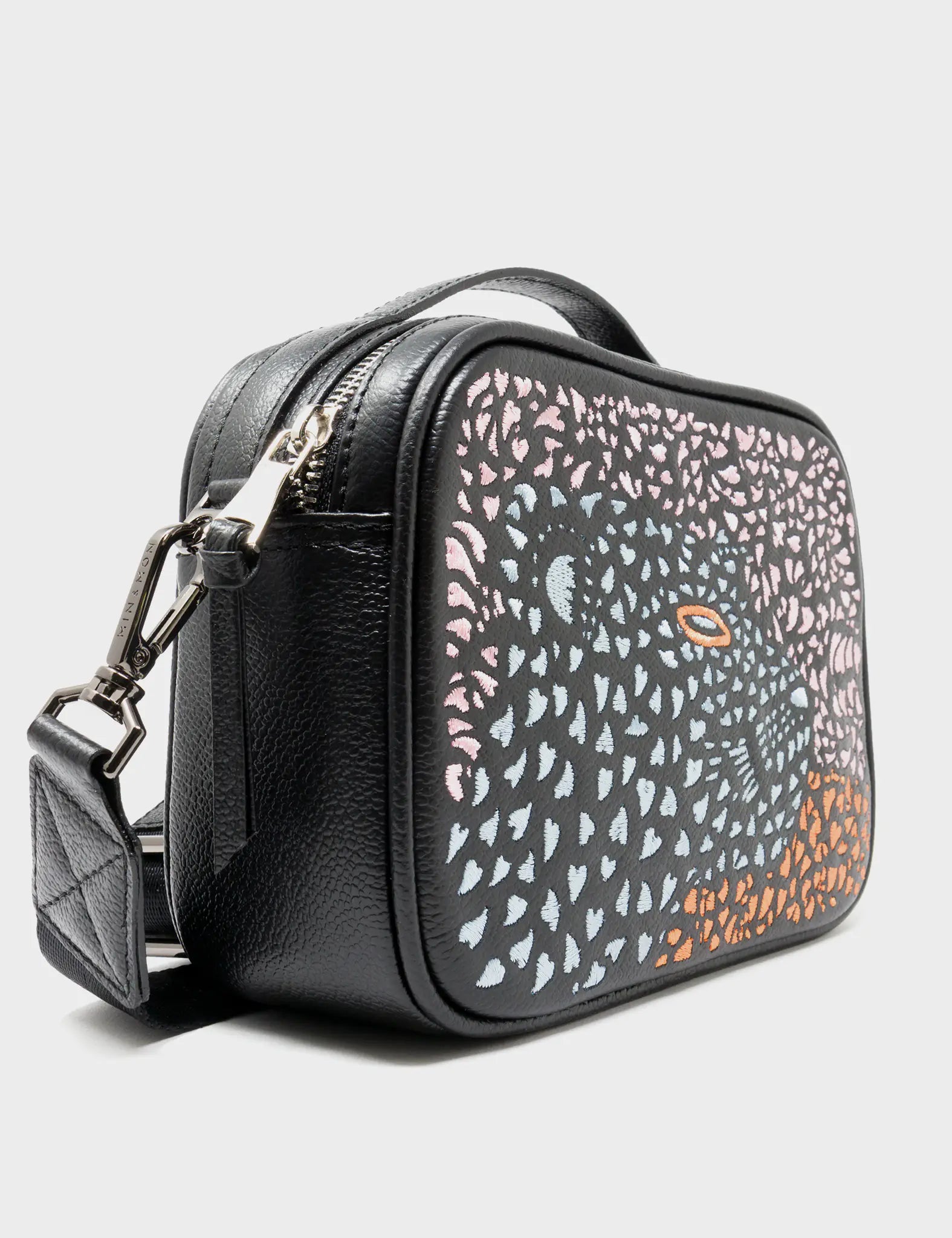 Verto Black Leather Crossbody Bag - Retro Tiger Design - Side Corner View