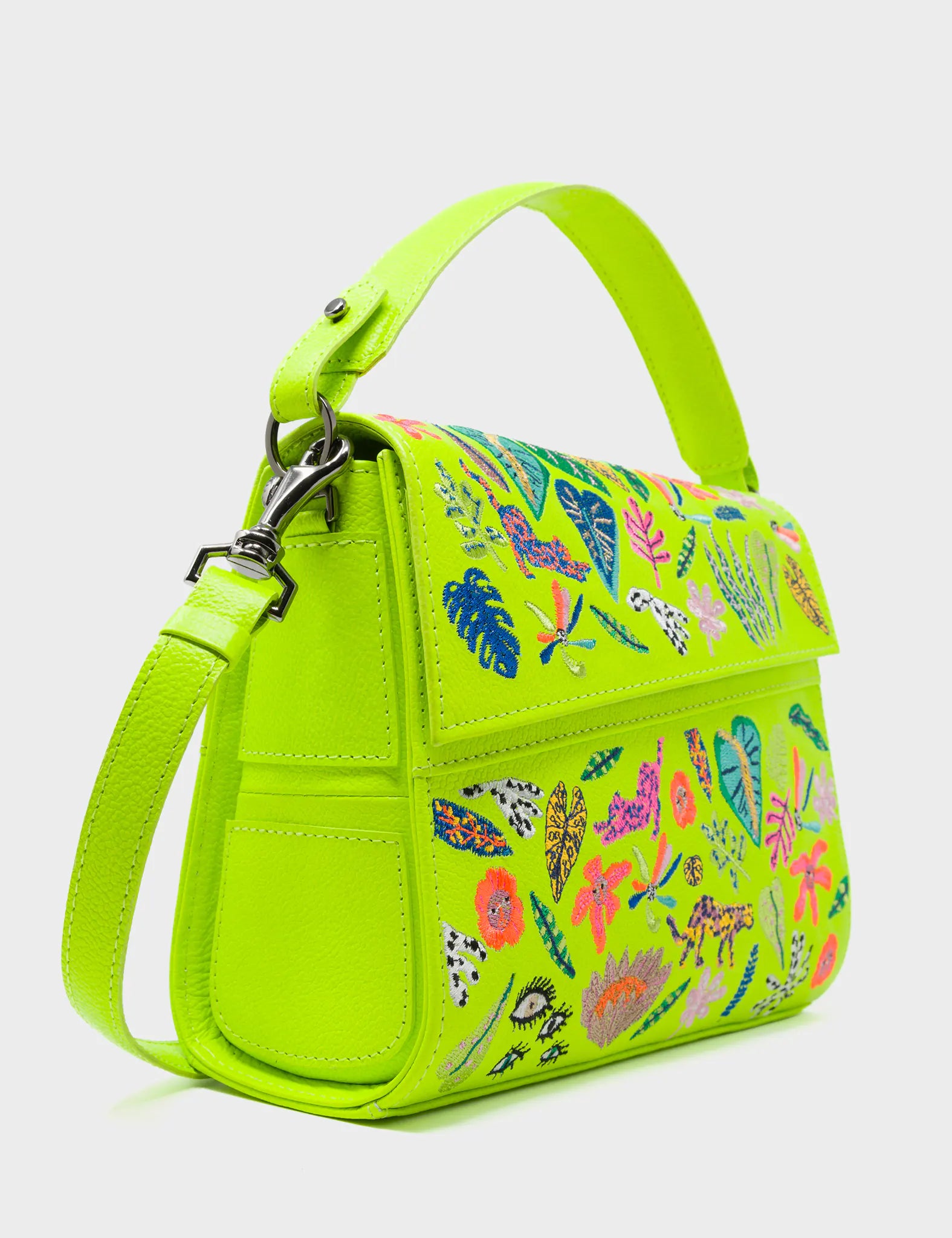 Anastasio Mini Crossbody Handbag Neon Yellow Leather - El Trópico Embroidery Design - Side detail