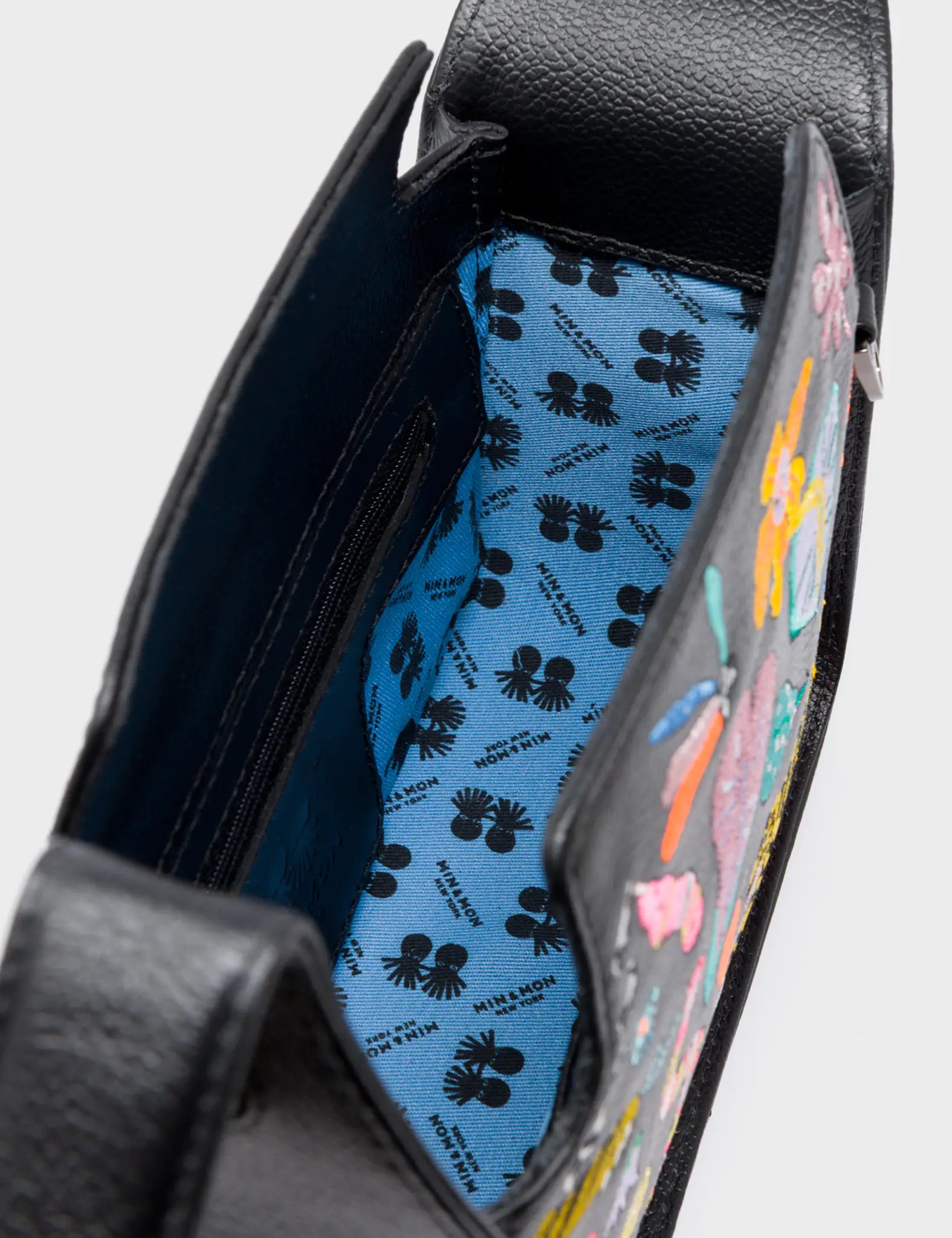 Benji Mini Crossbody Black Leather Bag - Autumn Blush Embroidery - Inside View