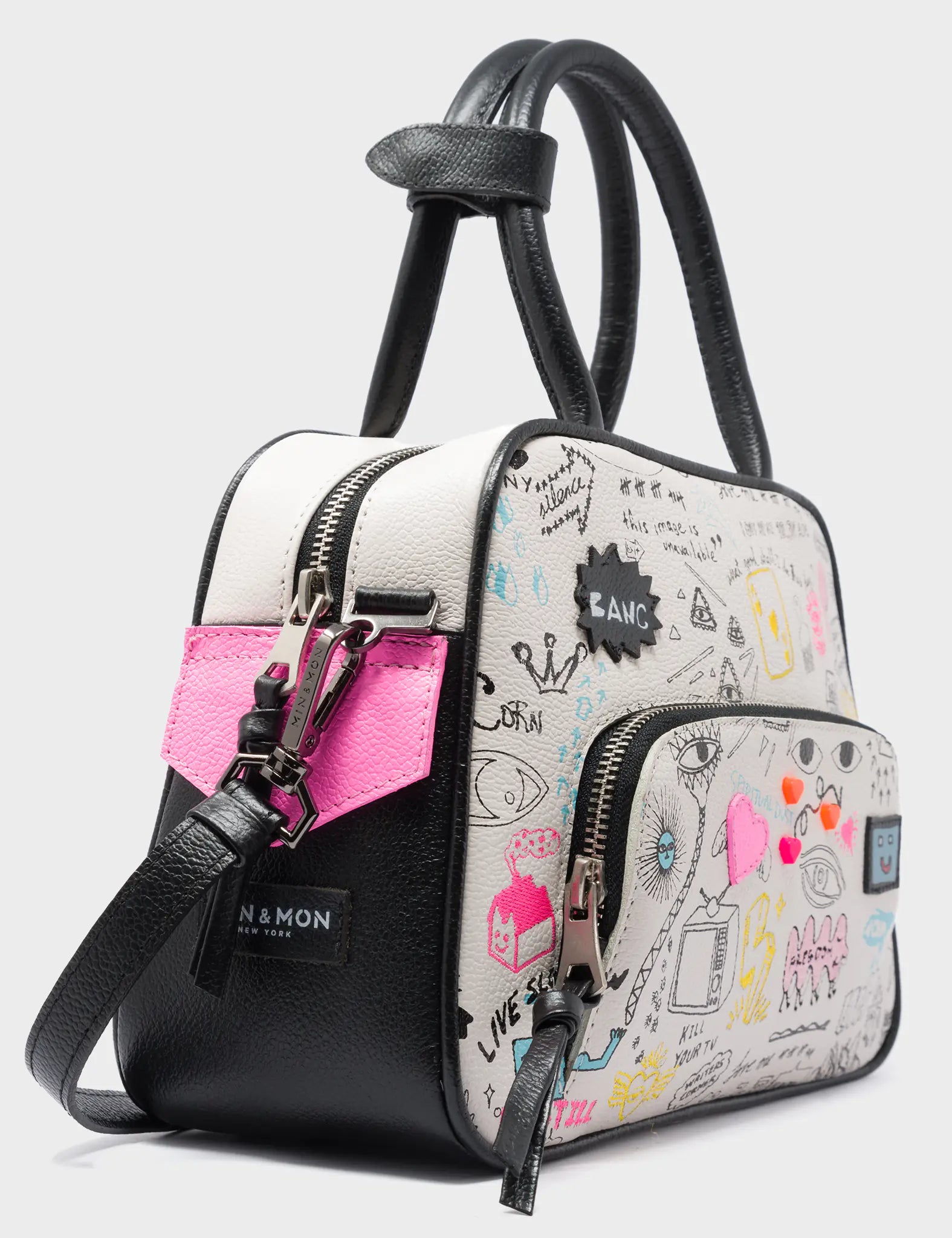 Marino Medium Crossbody Cream Leather Bag - Urban Doodles Design - Side Corner View