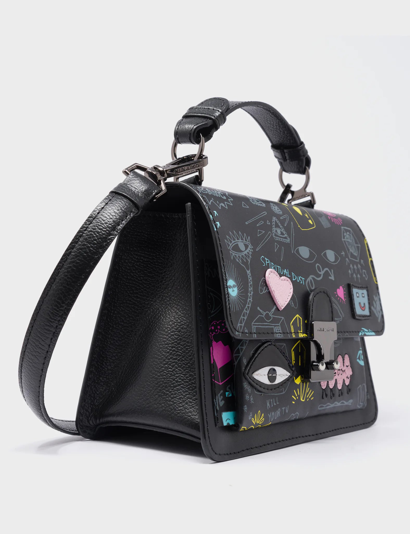 Silas Black Small Leather Crossbody Bag - Urban Doodles Design - Side corner view