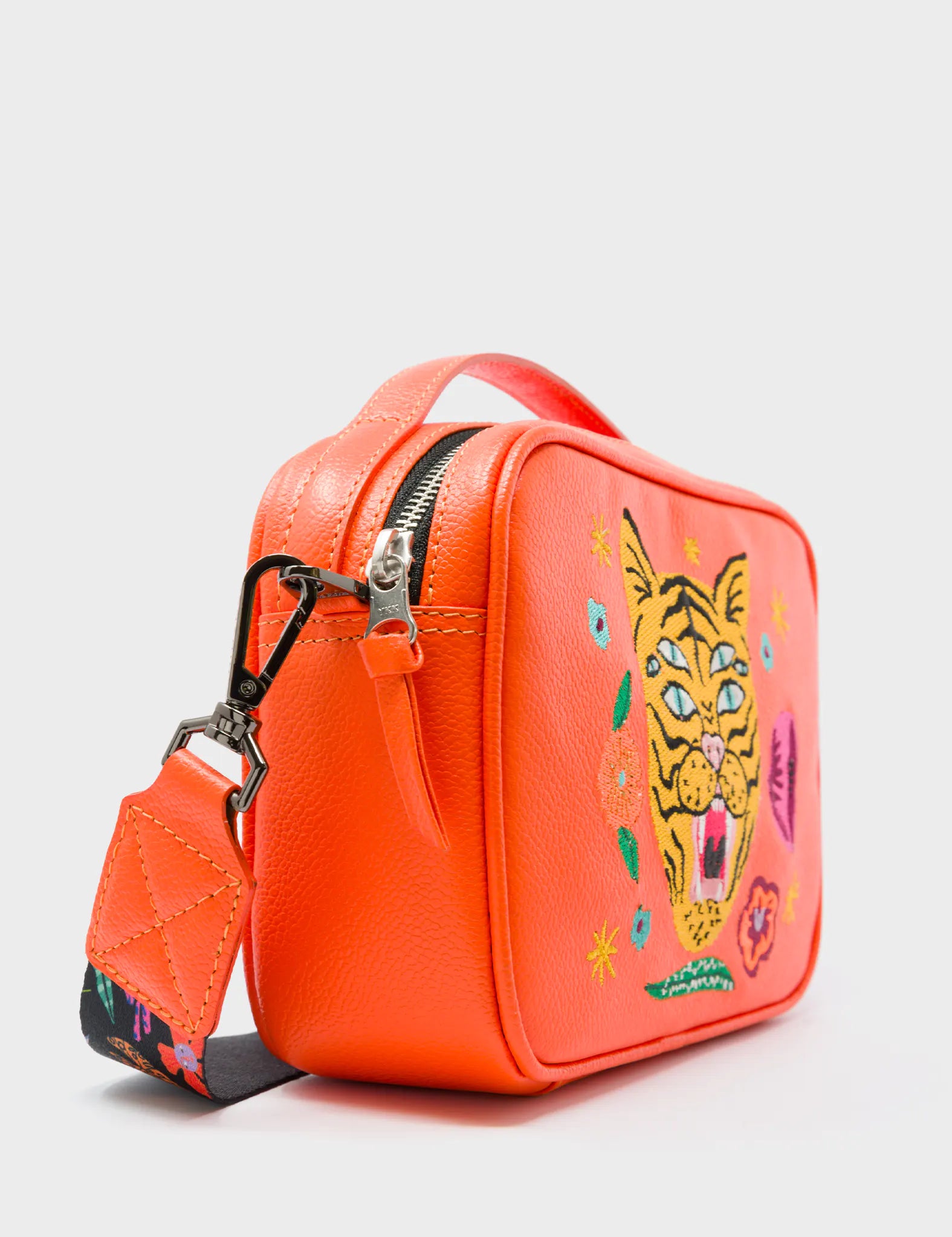 Verto Crossbody Vermillion Orange Leather Handbag - Tiger and Flowers Embroidery - Side