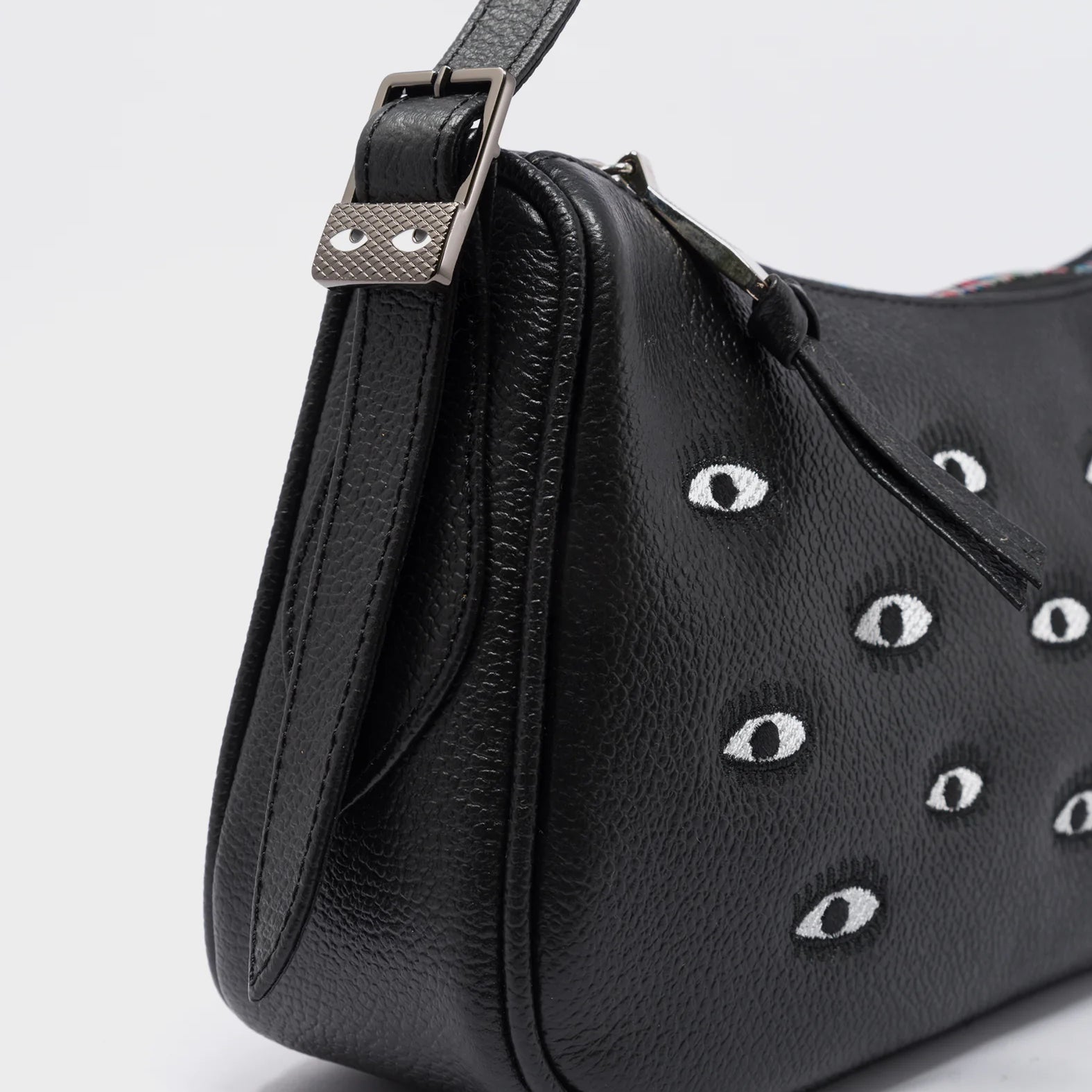 Lucas Hobo Mini Black bag - All Over Eyes Embroidery - Side Corner View