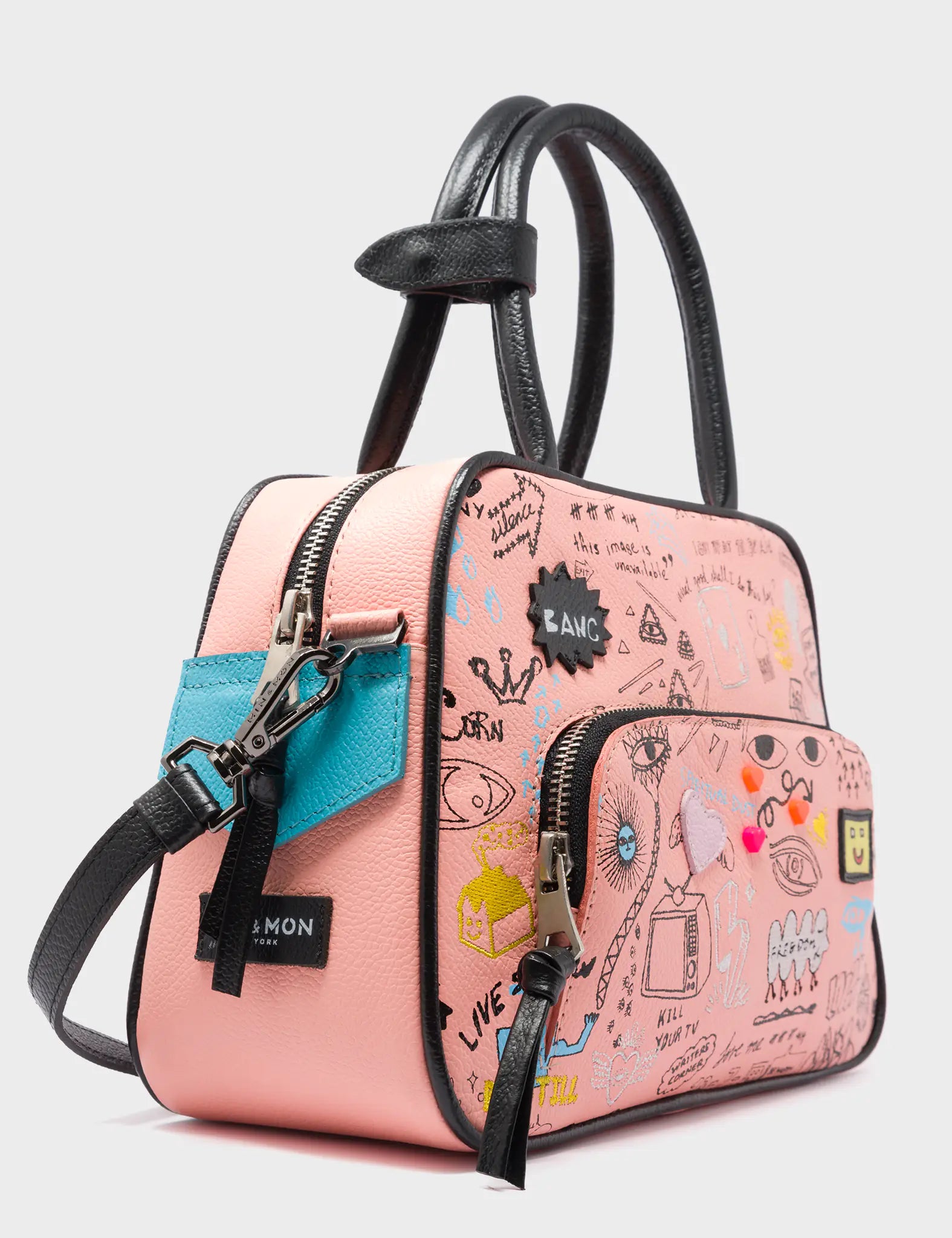 Marino Medium Crossbody Rosa Leather Bag - Urban Doodles Design - Side Corner View