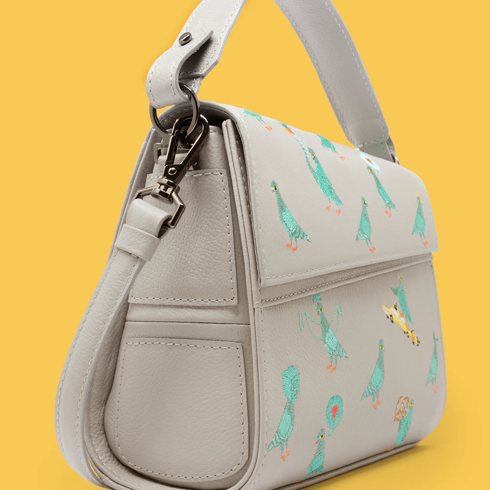 Anastasio Mini Crossbody Handbag Moonwalk Gray Leather - Pigeonista Embroidery - Side View