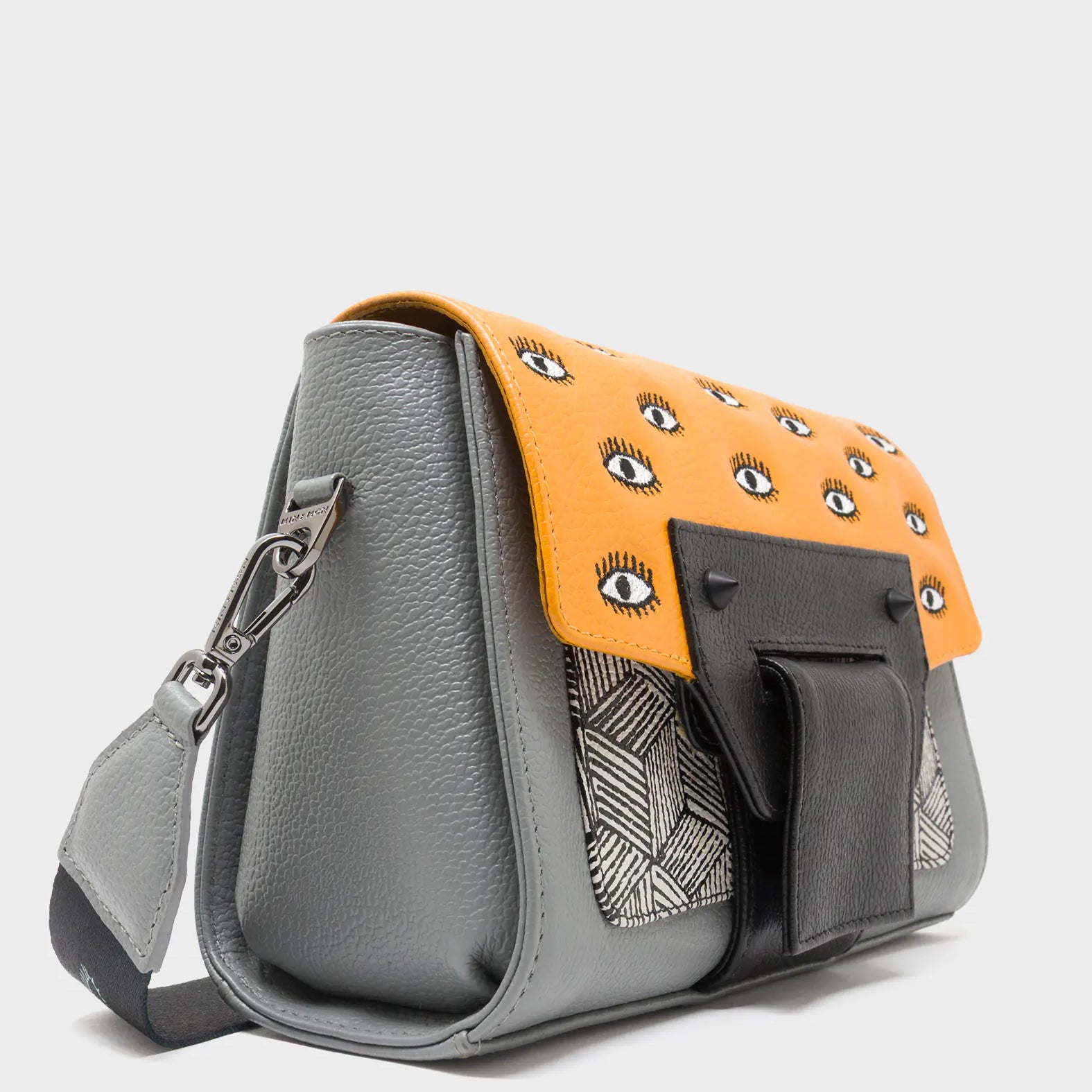 Cael Flamingo Orange and Gray Mini Shoulder Bag - All Over Eyes Embroidery - Side View