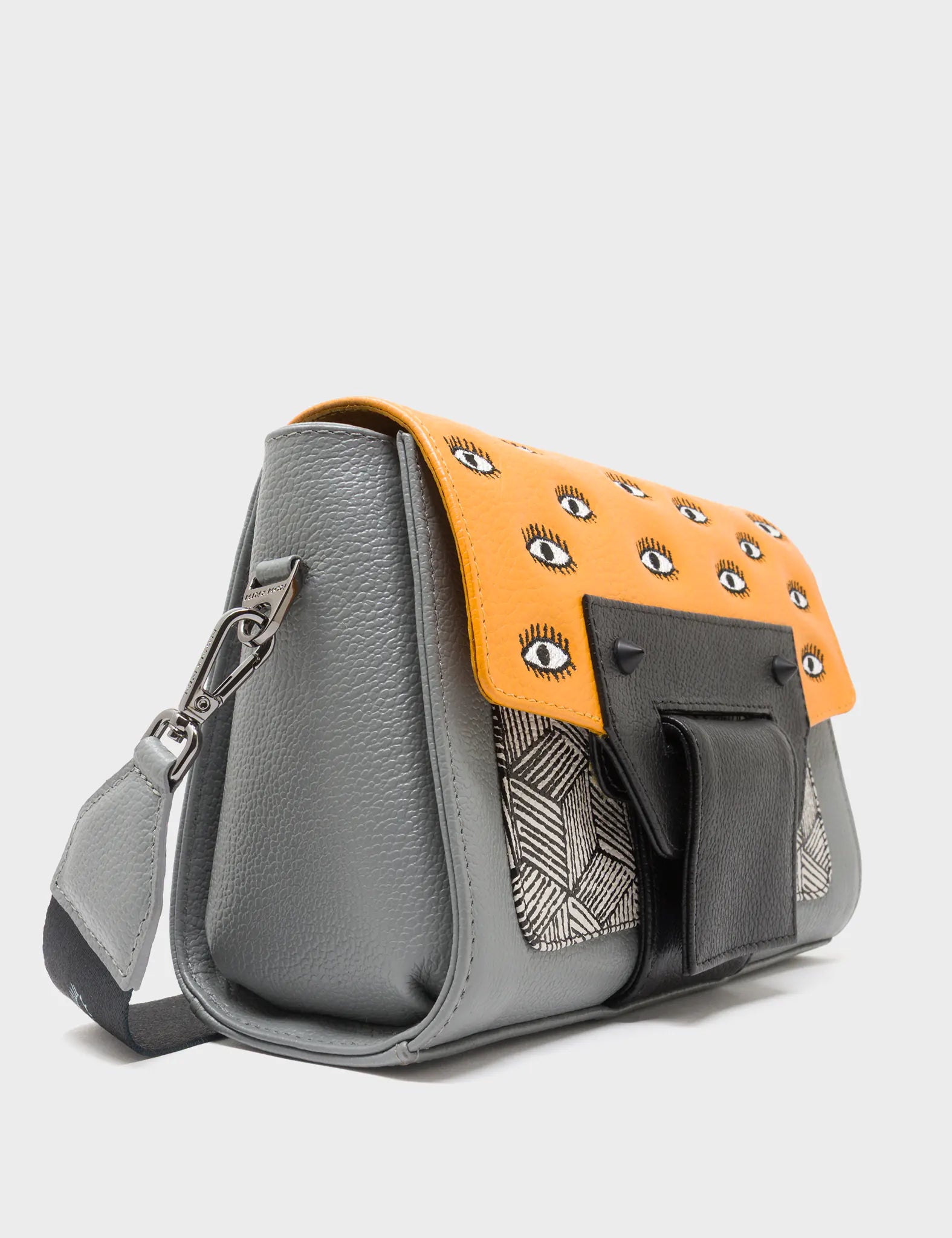 Cael Flamingo Orange and Gray Mini Shoulder Bag - All Over Eyes Embroidery - Side View
