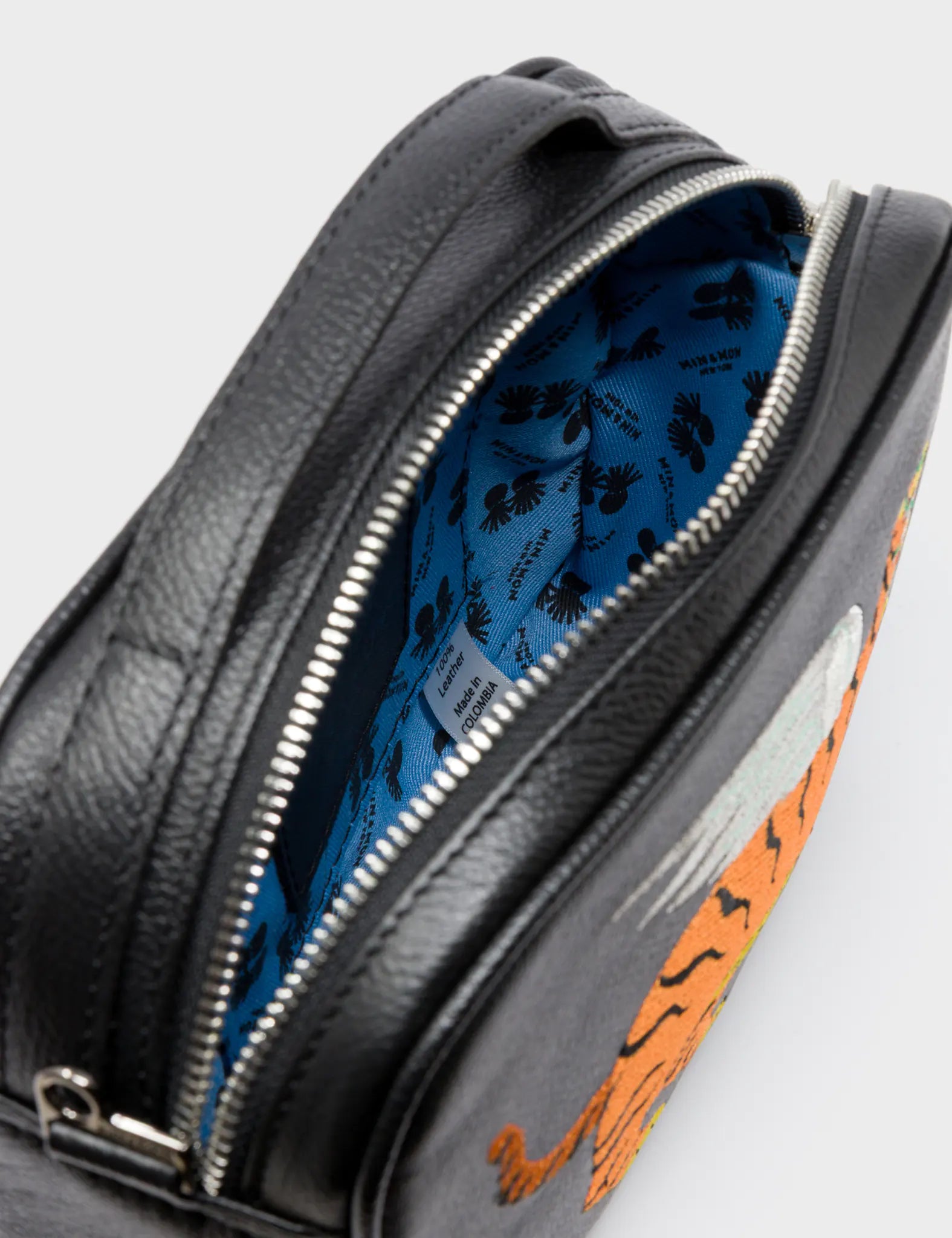 Verto Black Leather Crossbody Bag - Winged Tiger Embroidery - Inside View