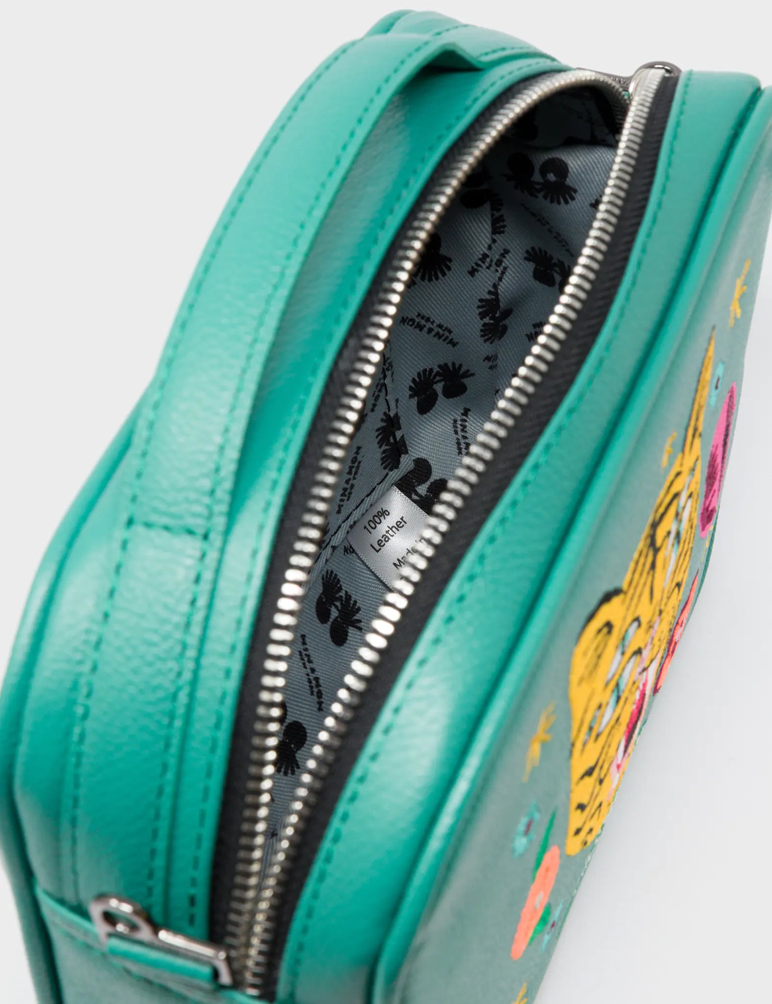 Verto Deep Green Leather Crossbody Bag - Happy Tiger Embroidery - Inside View