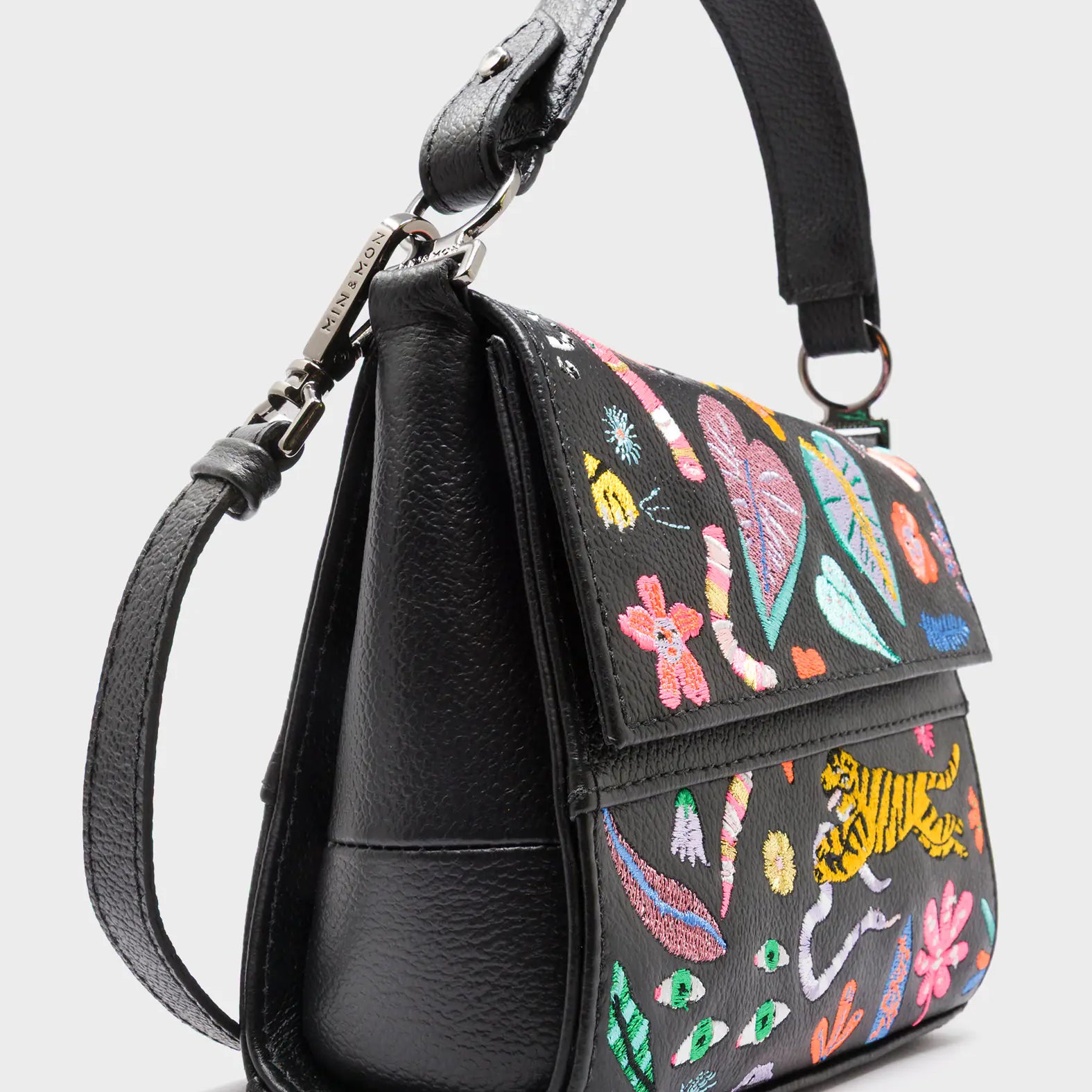 Anastasio Micro Crossbody Handbag Black Leather - Autumn Blush Embroidery - Side Corner View