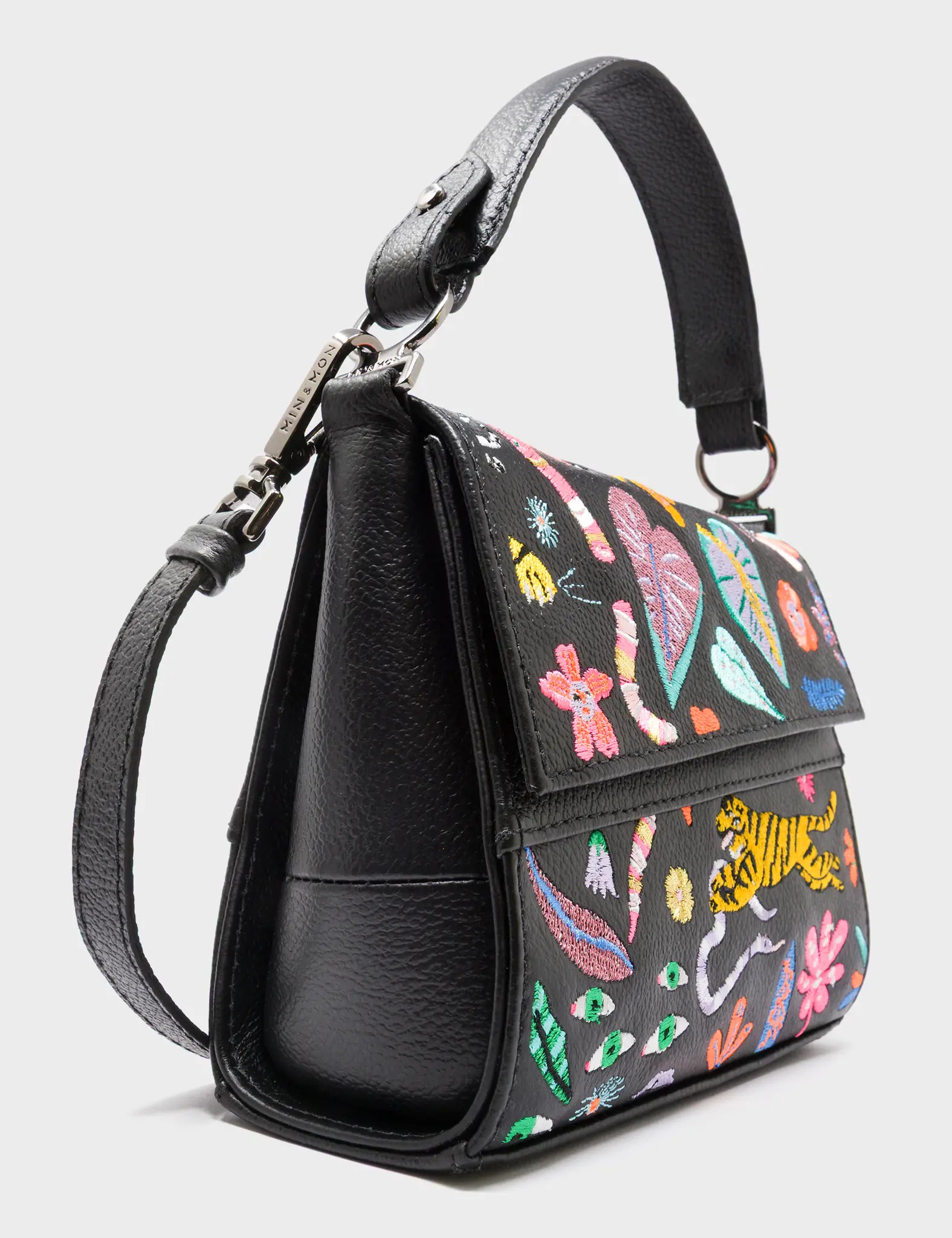 Anastasio Micro Crossbody Handbag Black Leather - Autumn Blush Embroidery - Side Corner View