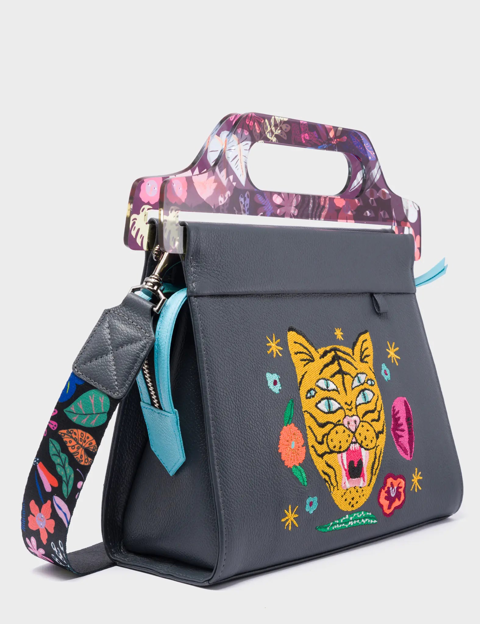 Vali Black Leather Crossbody Handbag Plastic Handle - Tiger and Flowers Design Side View
