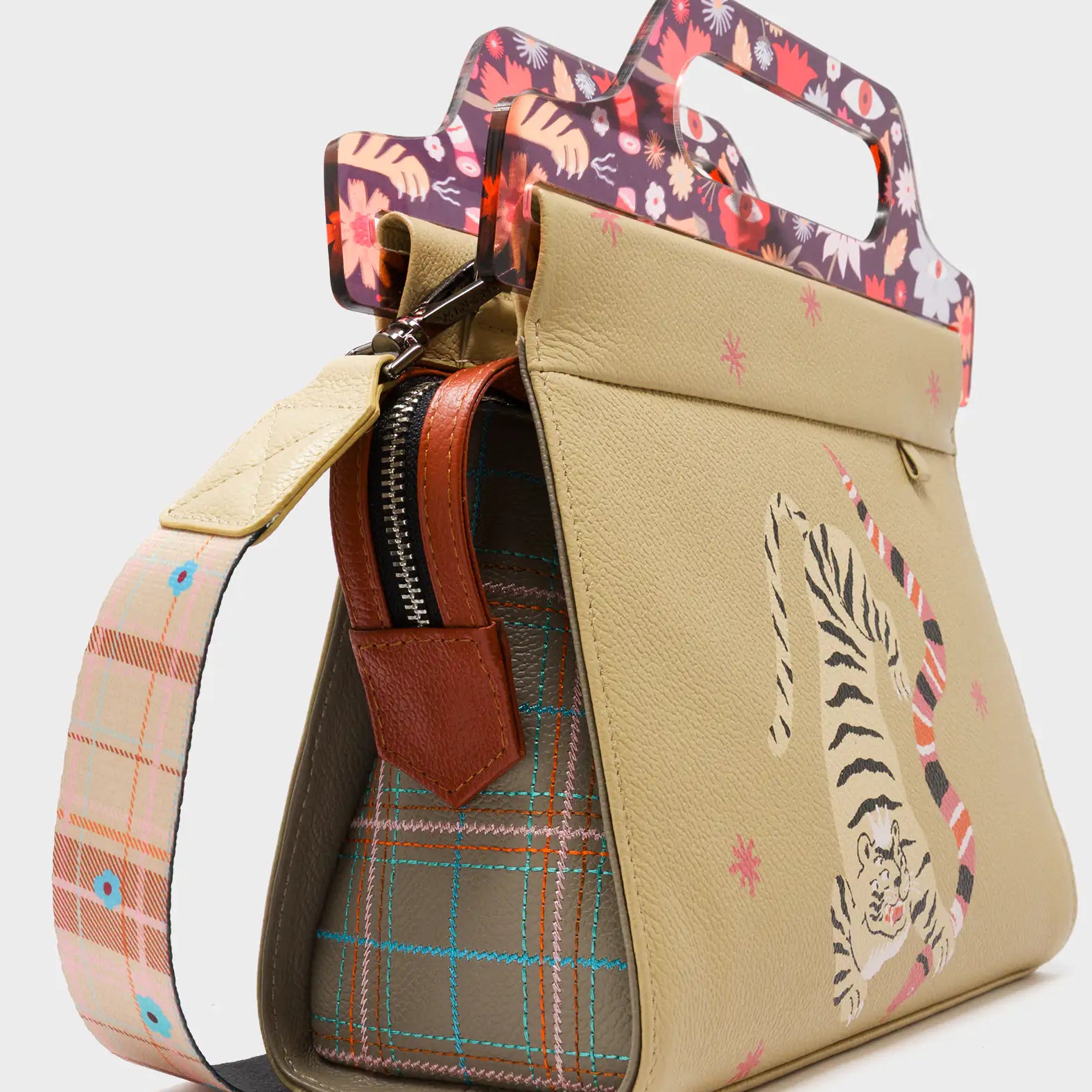 Vali Taupe Leather Crossbody Handbag Plastic Handle - Creatures of the Future Print - Side View