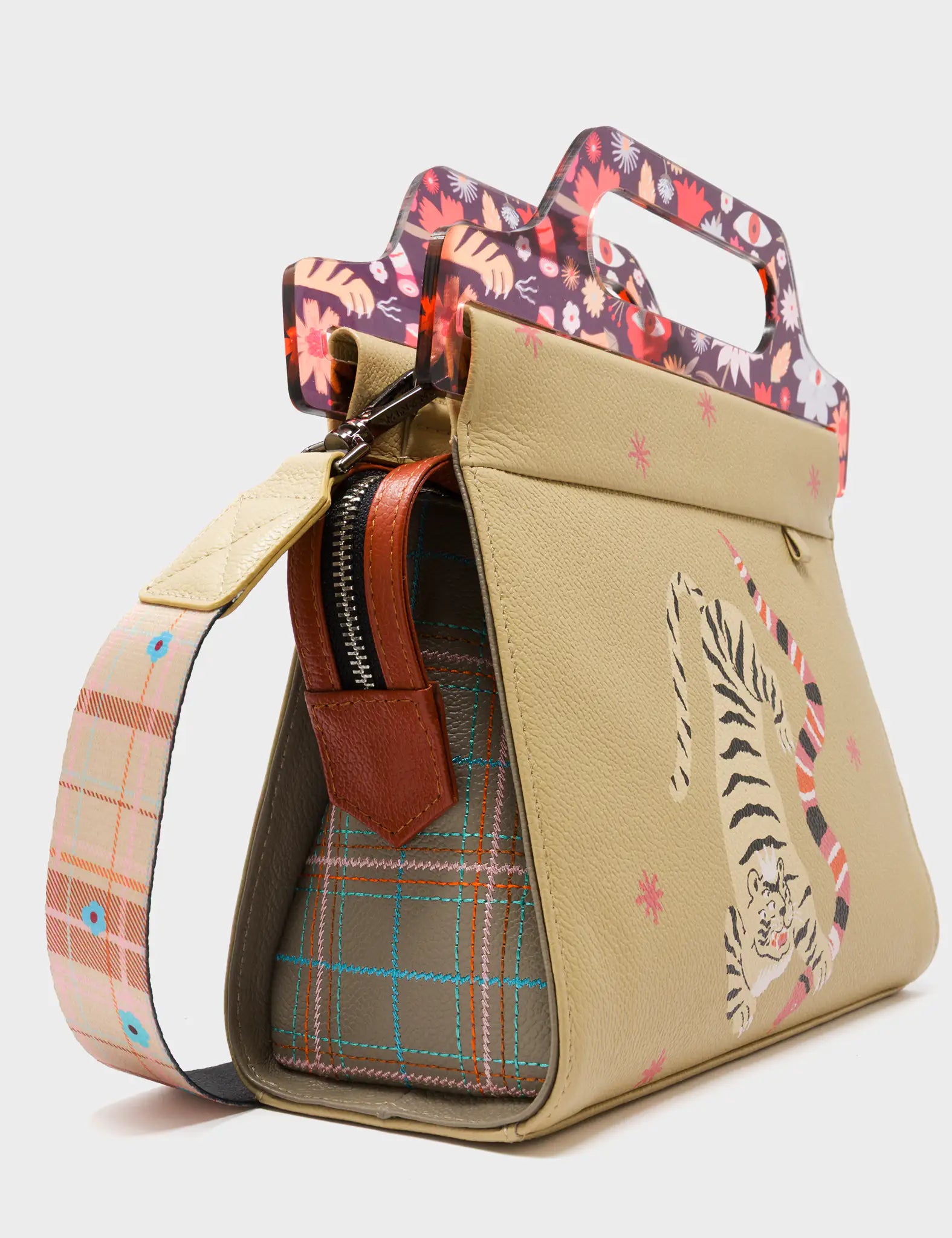 Vali Taupe Leather Crossbody Handbag Plastic Handle - Creatures of the Future Print - Side View