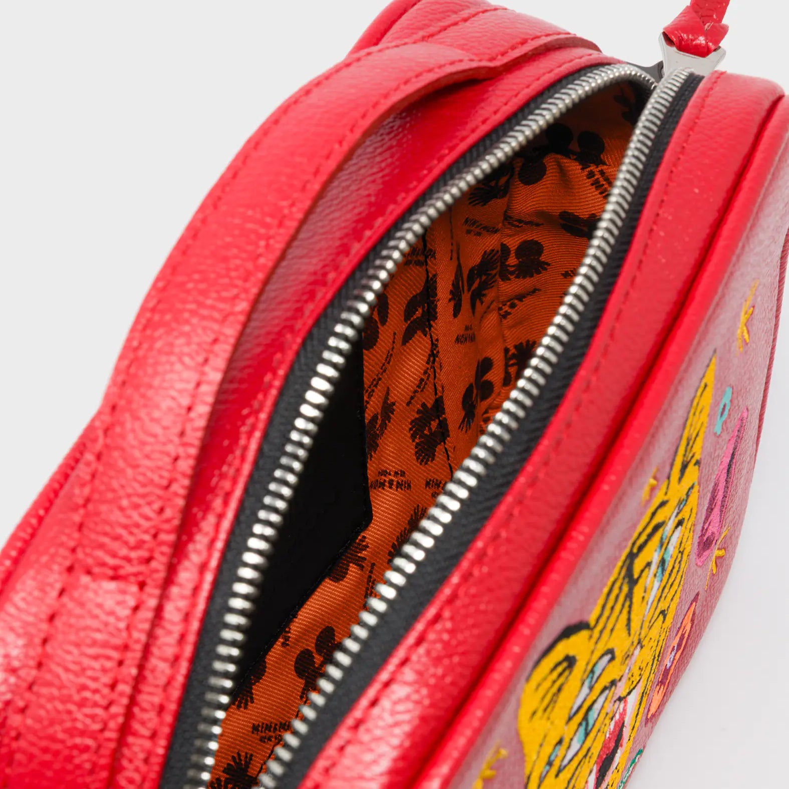 Verto Jester Red Leather Crossbody Bag - Happy Tiger Embroidery - Open View