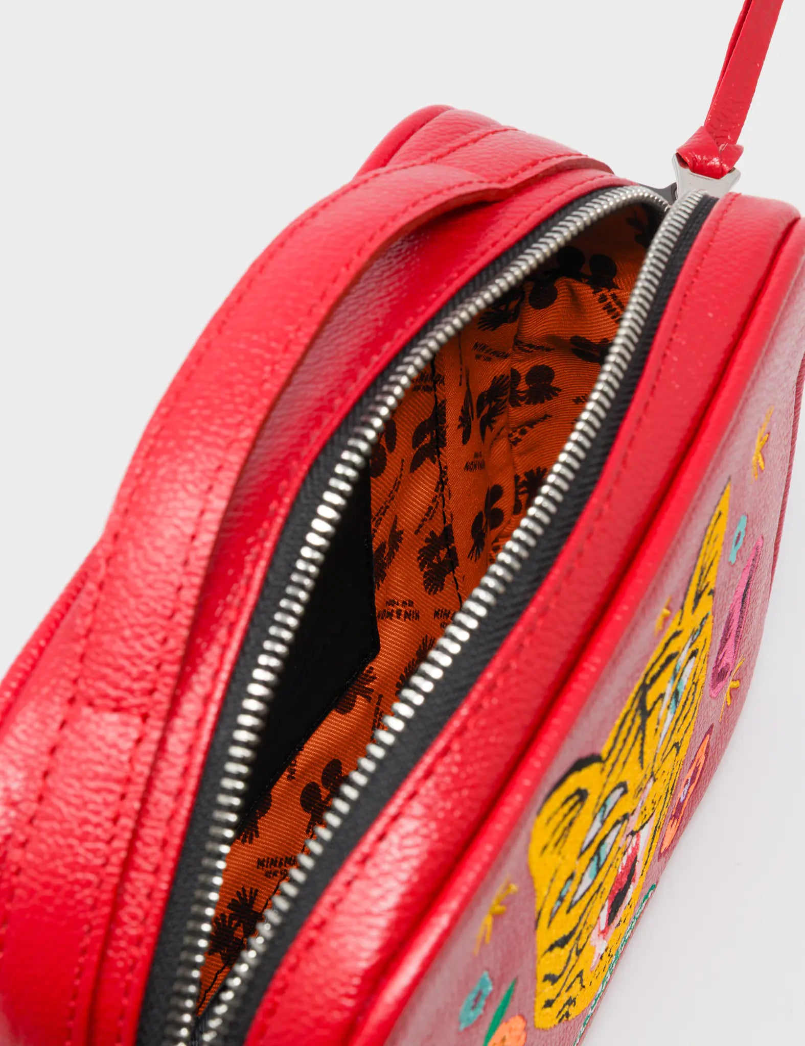 Verto Jester Red Leather Crossbody Bag - Happy Tiger Embroidery - Open View