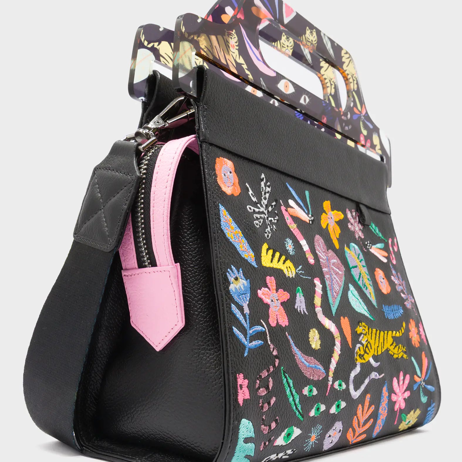 Vali Black Leather Crossbody Handbag Plastic Handle - Autumn Blush Embroidery  - Side