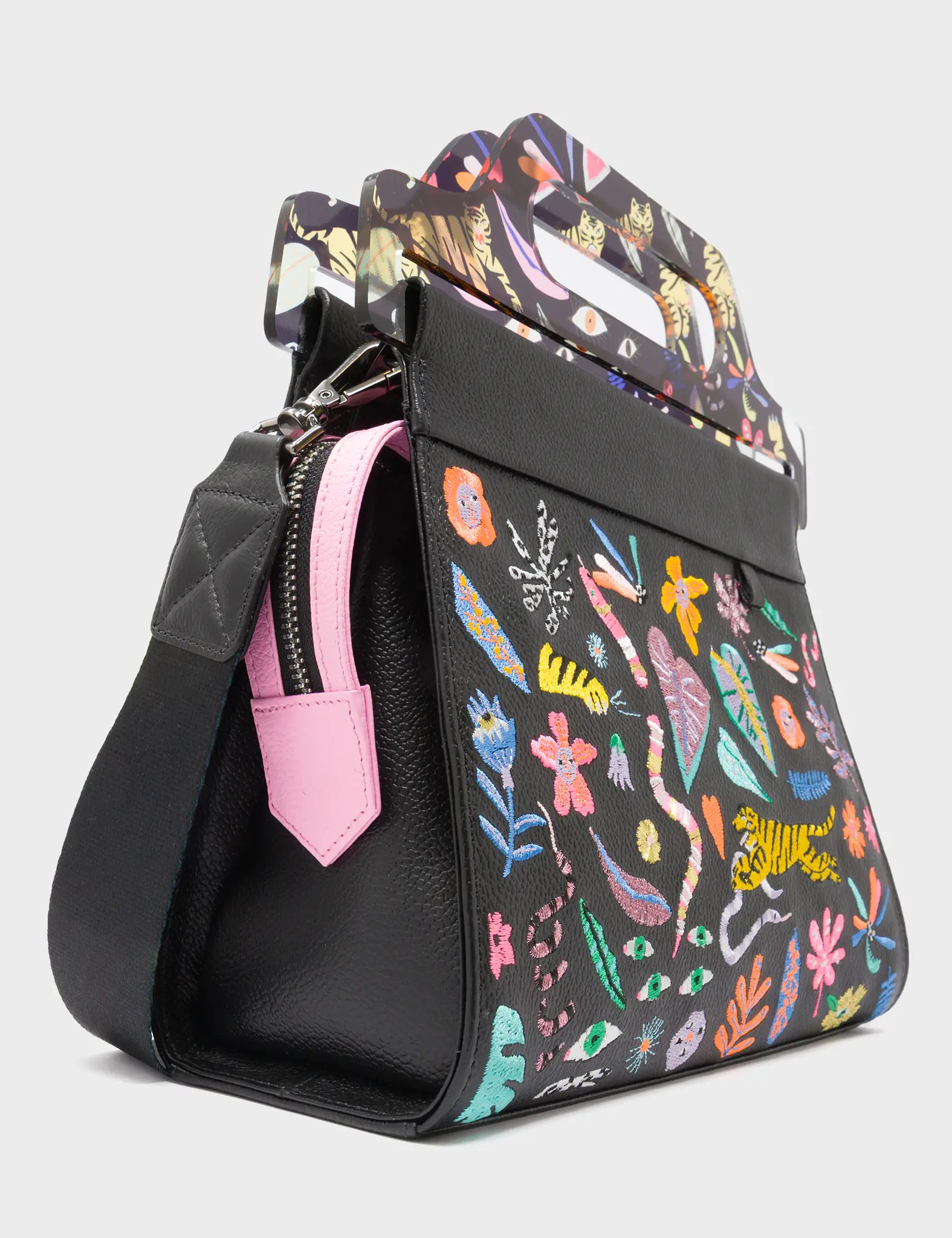 Vali Black Leather Crossbody Handbag Plastic Handle - Autumn Blush Embroidery  - Side