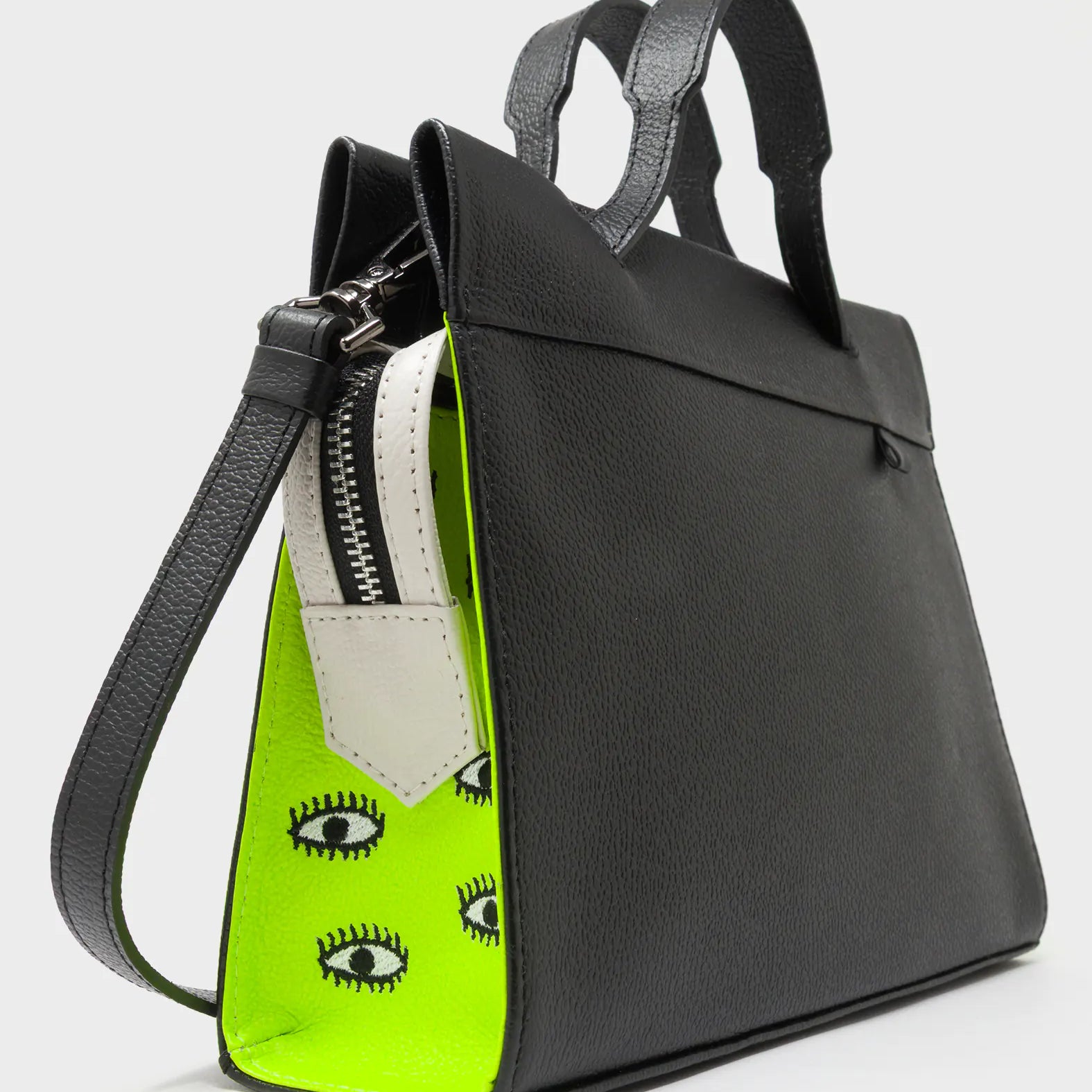 Vali Crossbody Black and Neon Green Leather Bag - All Over Eyes Embroidery - Side Corner View