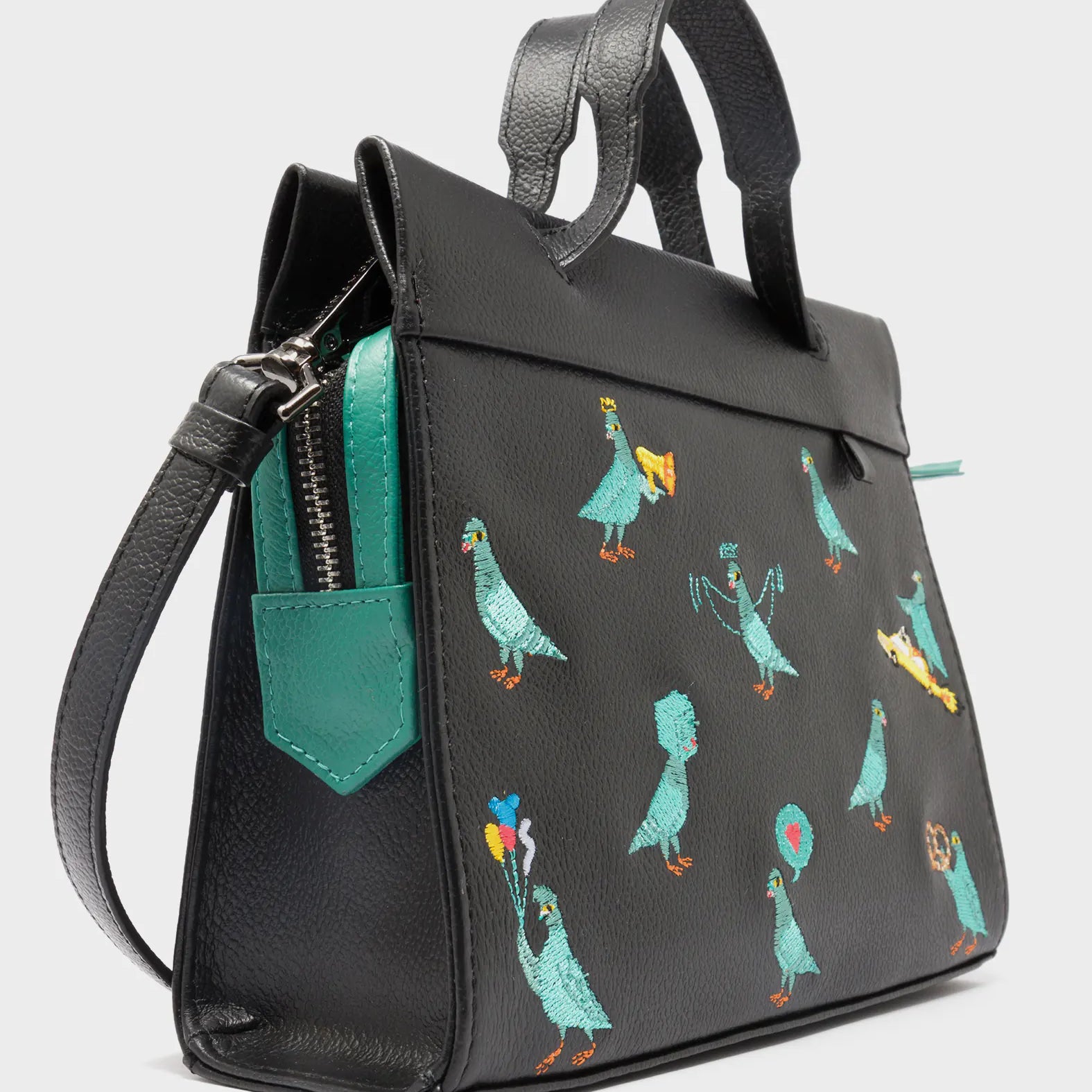 Vali Crossbody Small Black Leather Bag - Pigeonzilla Embroidery - Side View