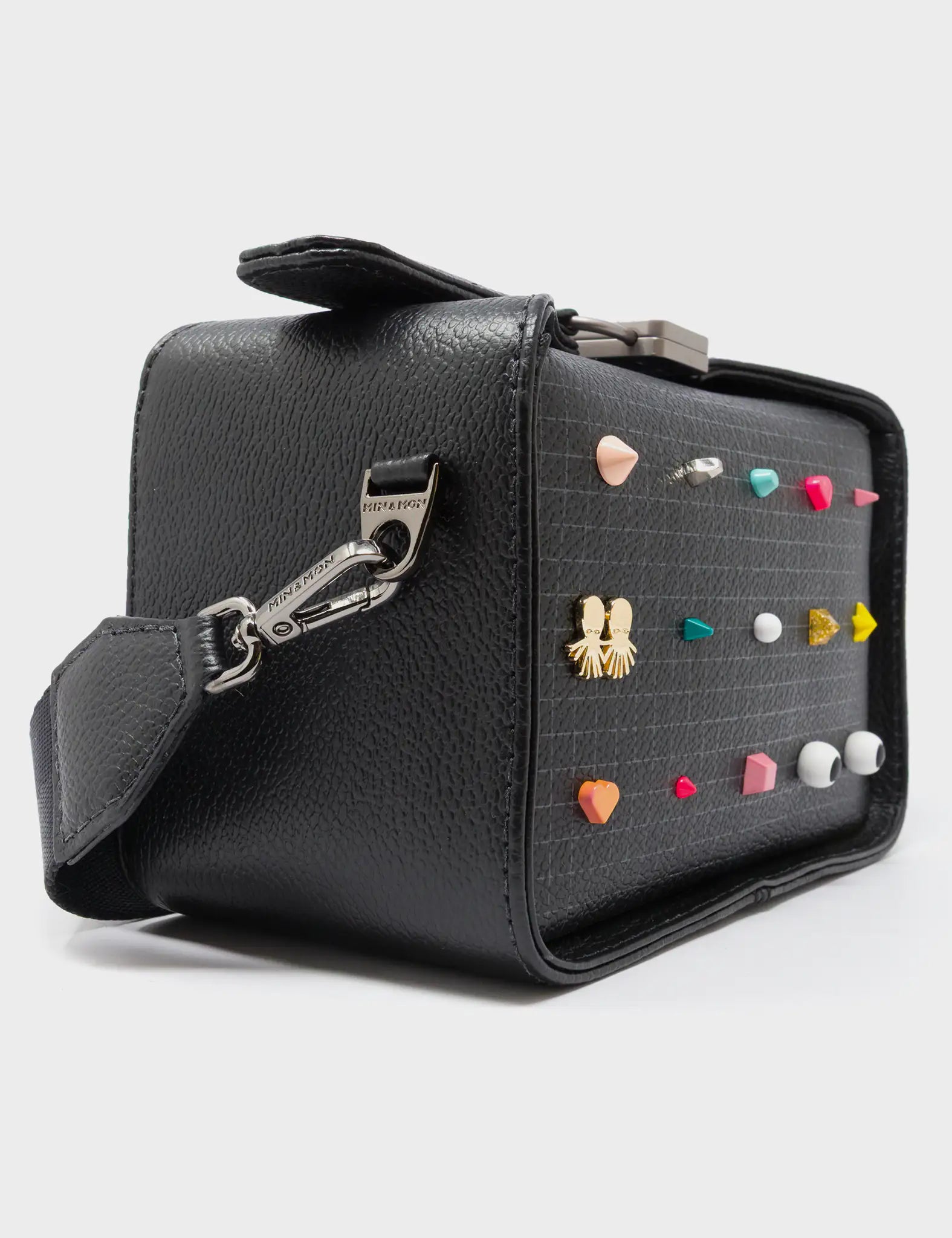 Benji Micro Crossbody Black Leather Bag - Studs Pattern - Side