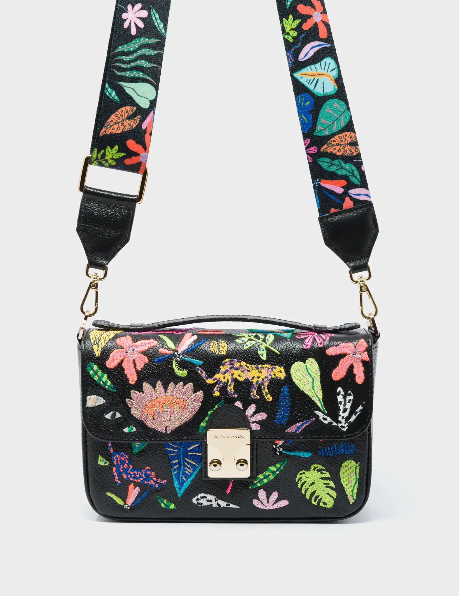 Amantis Cameo Black Leather Crossbody Mini Handbag - El Trópico Embroidery Design - Strap