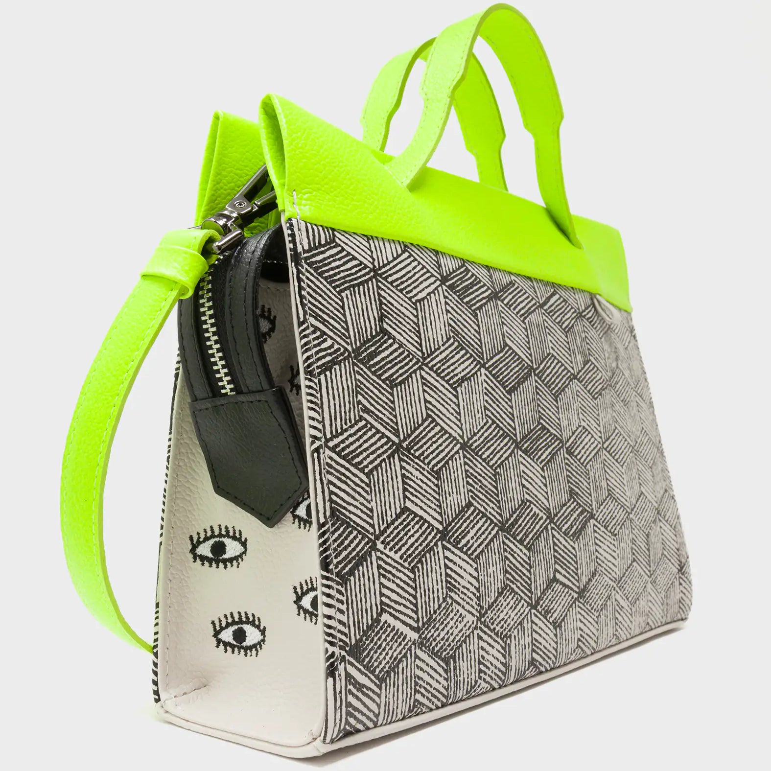 Vali Small Crossbody Cream and Neon Green Leather Bag - Cubes Print - Side Corner View