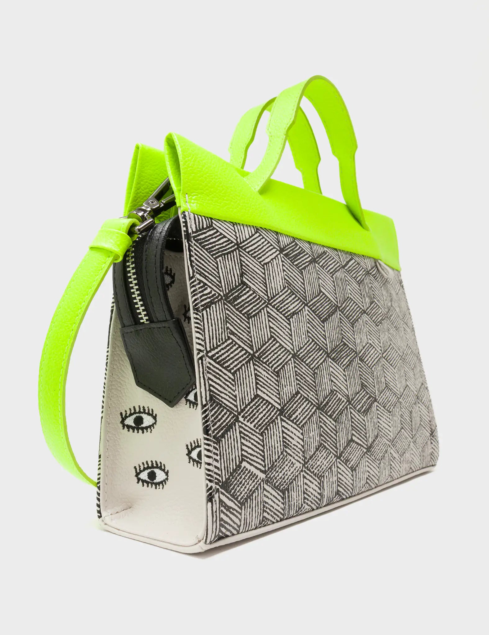 Vali Small Crossbody Cream and Neon Green Leather Bag - Cubes Print - Side Corner View