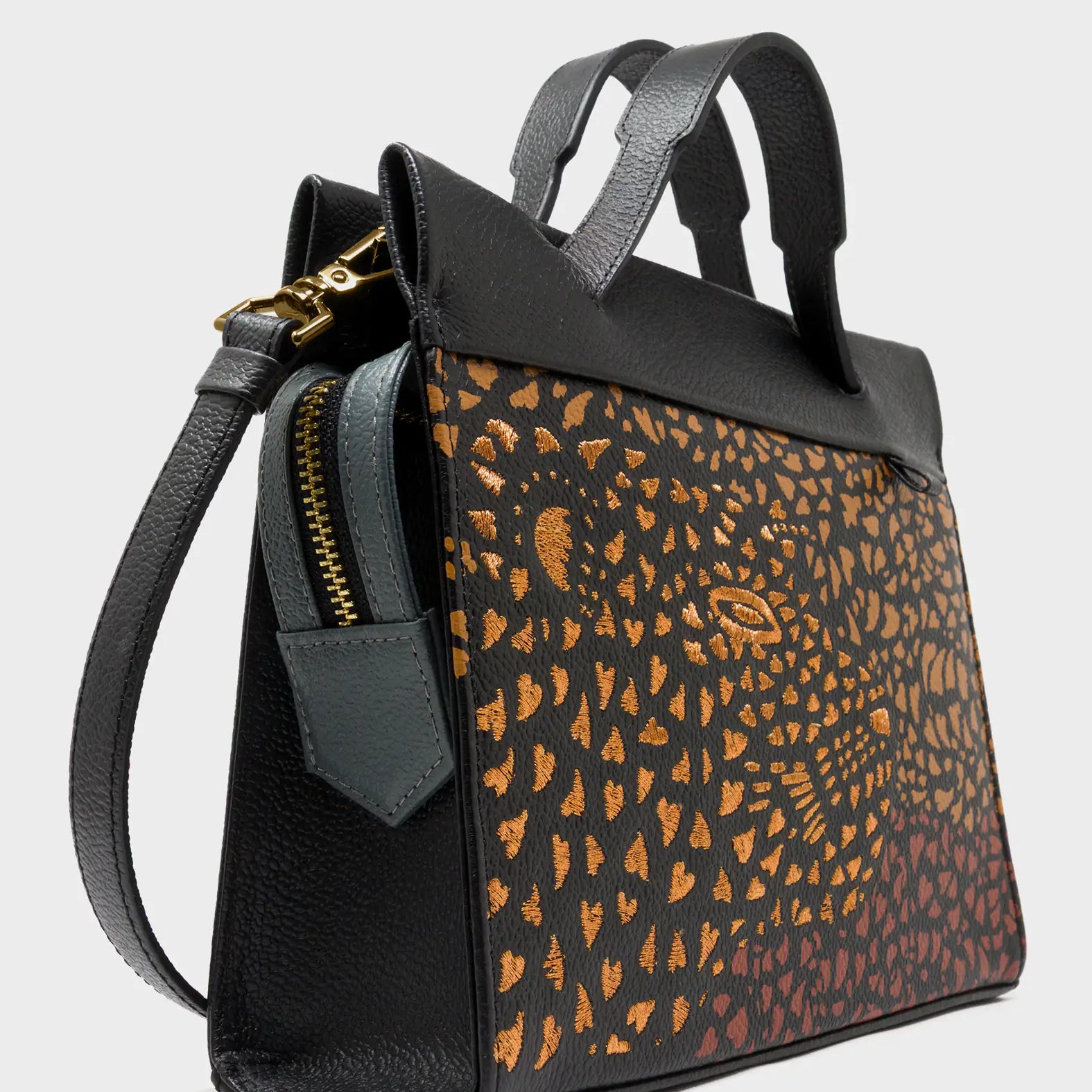 Vali Crossbody Black Leather Bag - Wild Heart Embroidery -  Detail View
