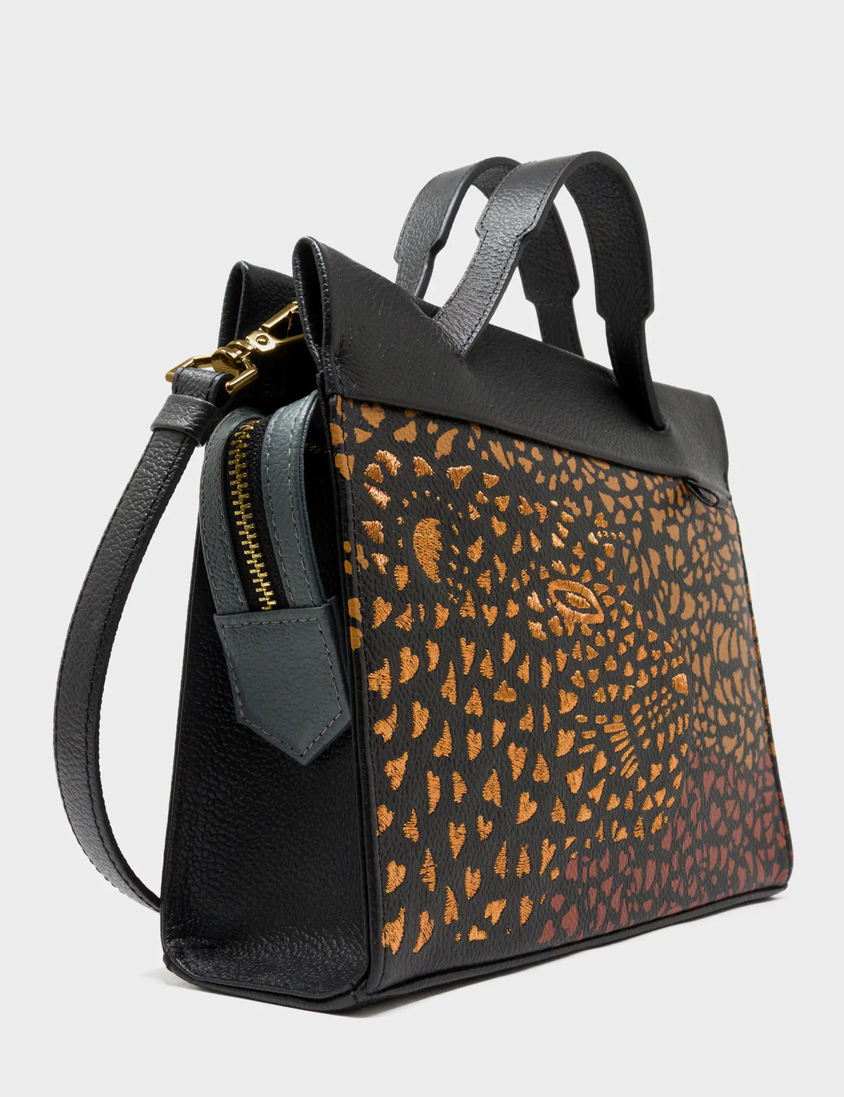Vali Crossbody Black Leather Bag - Wild Heart Embroidery -  Detail View
