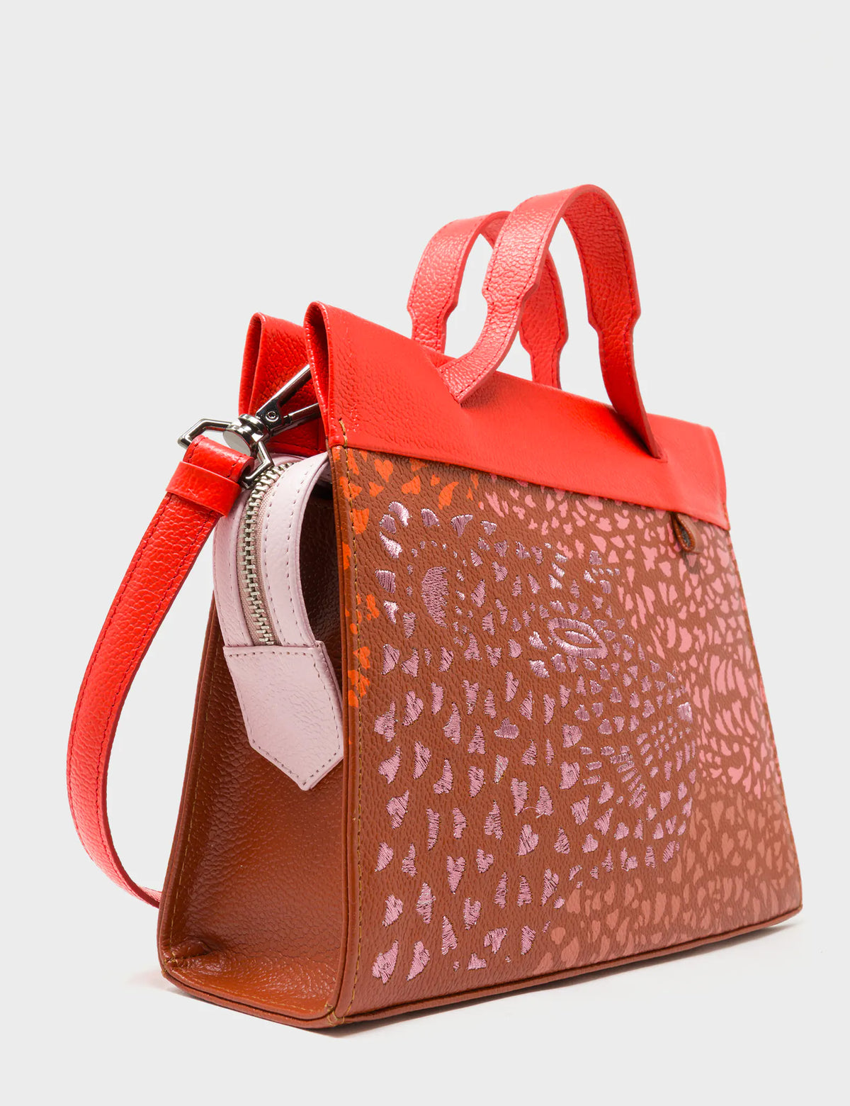 Vali Crossbody Baked City Brown and Fiesta Red Leather Bag - Retro Tiger Embroidery - Detail View