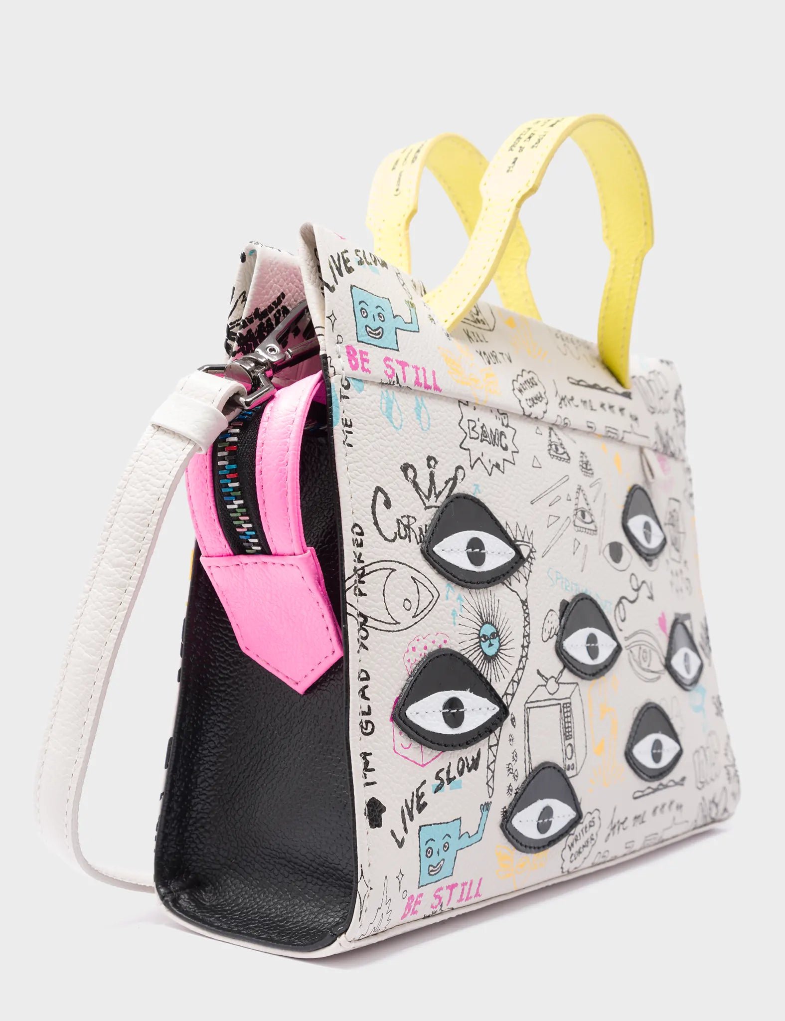 Vali Crossbody Small Cream Leather Bag - Urban Doodles Print and Eyes Applique - Detail view