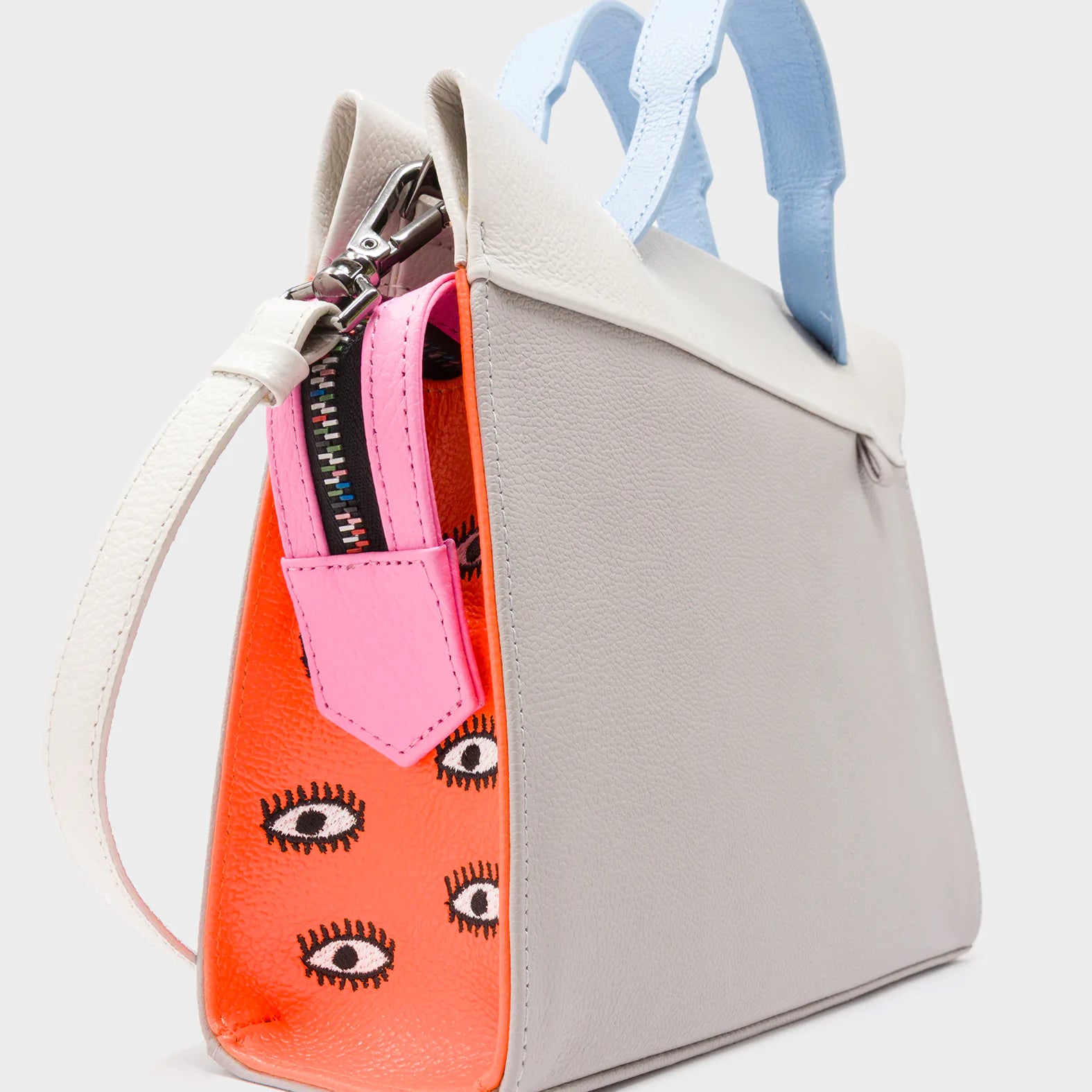 Vali Crossbody Small Gray Leather Bag - All Over Eyes Embroidery - Side Corner View