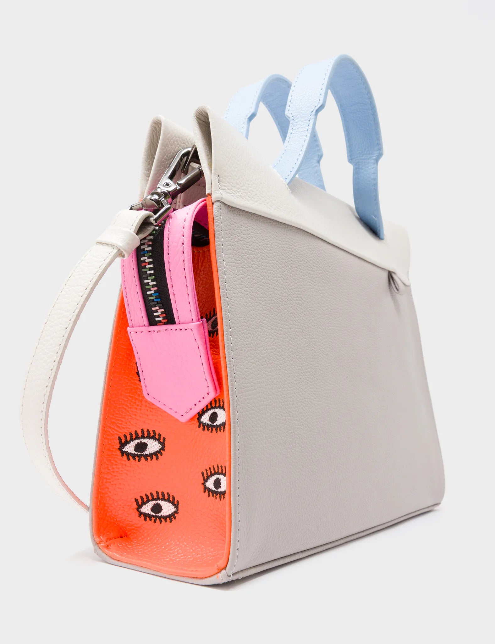 Vali Crossbody Small Gray Leather Bag - All Over Eyes Embroidery - Side Corner View