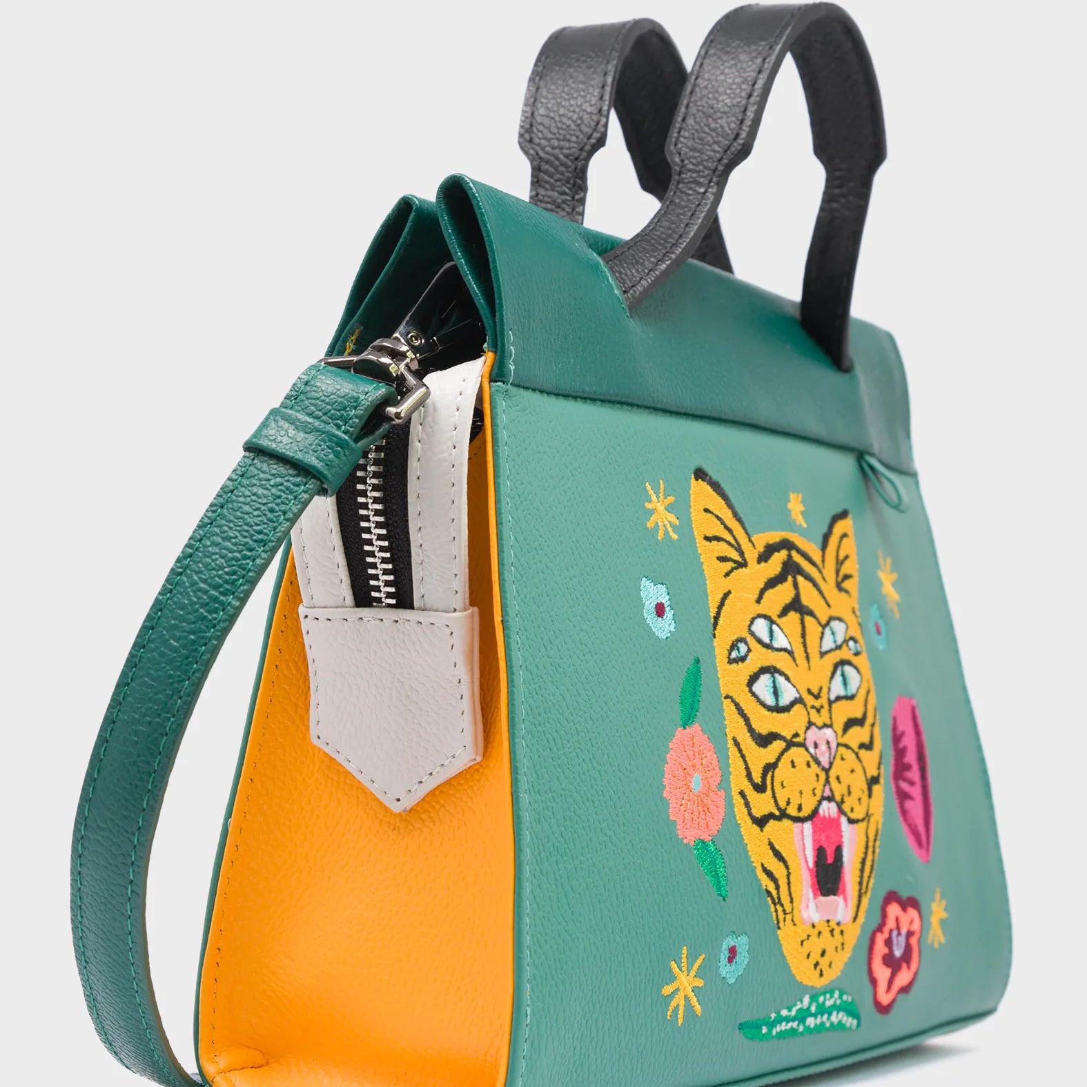 Vali Crossbody Small Deep Sea Green Leather Bag - Tiger and Flowers Embroidery - Side View