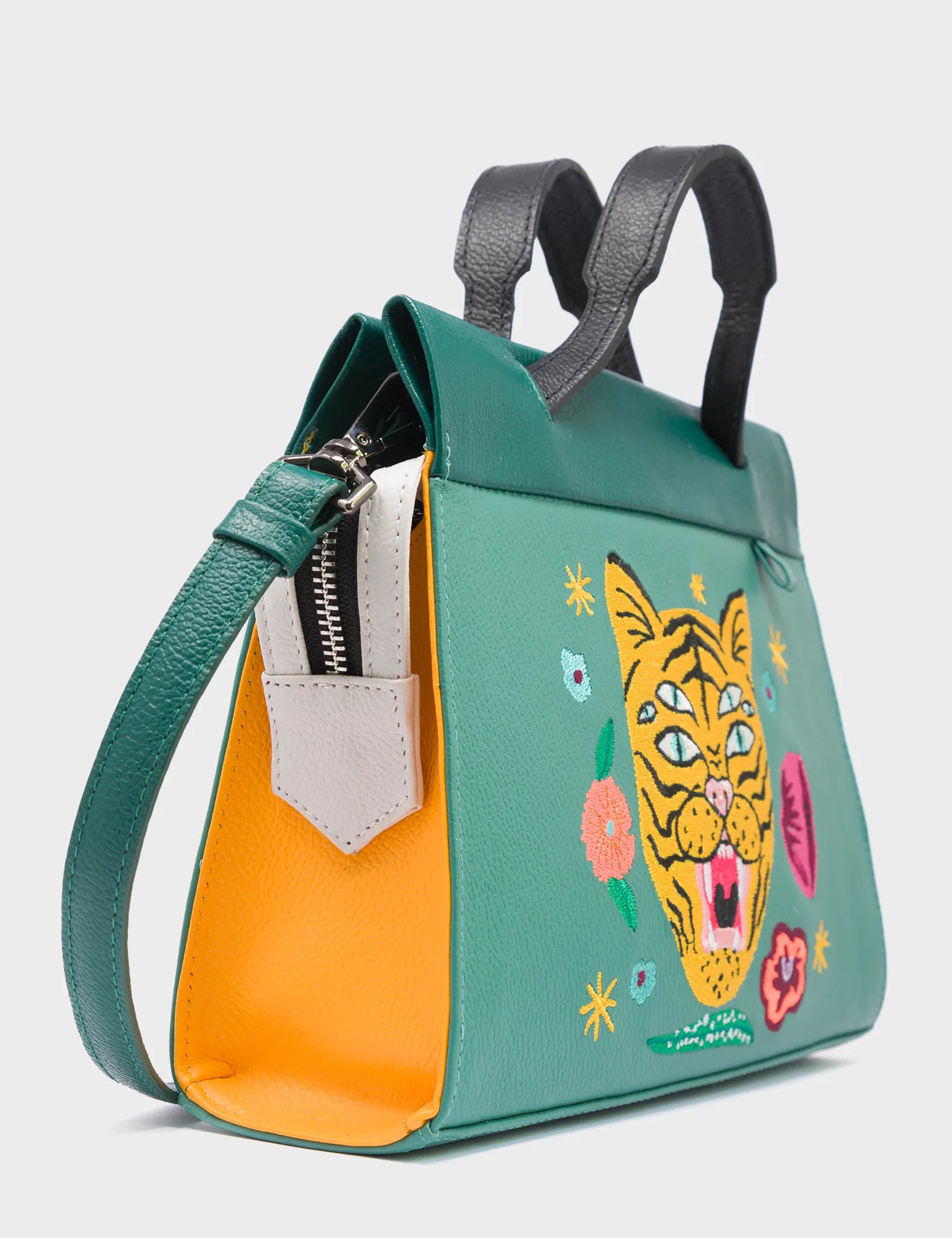 Vali Crossbody Small Deep Sea Green Leather Bag - Tiger and Flowers Embroidery - Side View