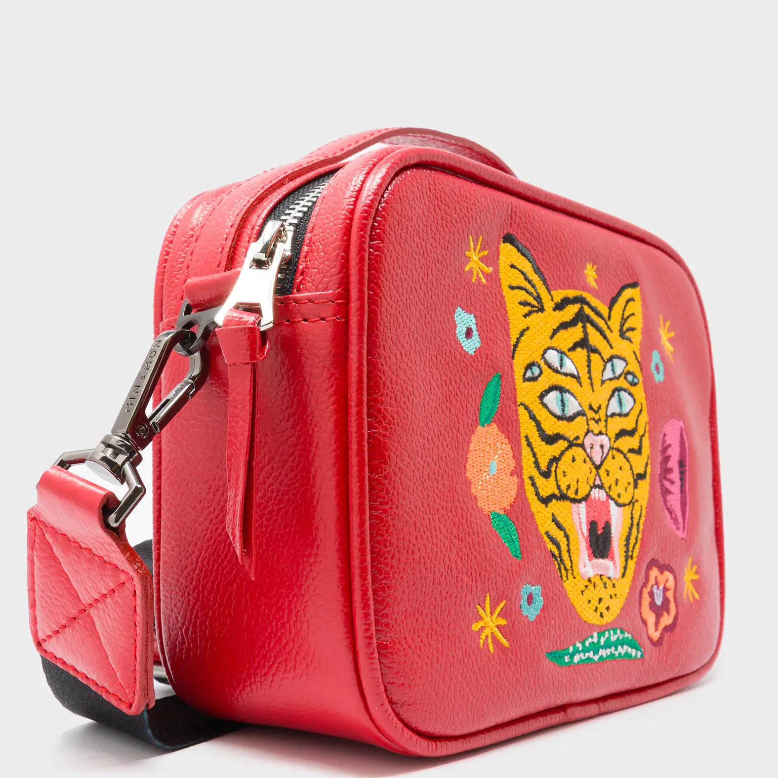 Verto Jester Red Leather Crossbody Bag - Happy Tiger Embroidery - Side Corner View