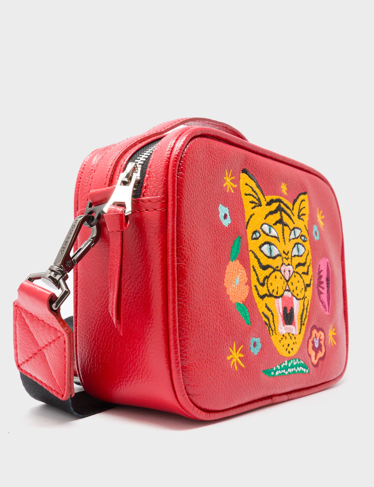 Verto Jester Red Leather Crossbody Bag - Happy Tiger Embroidery - Side Corner View