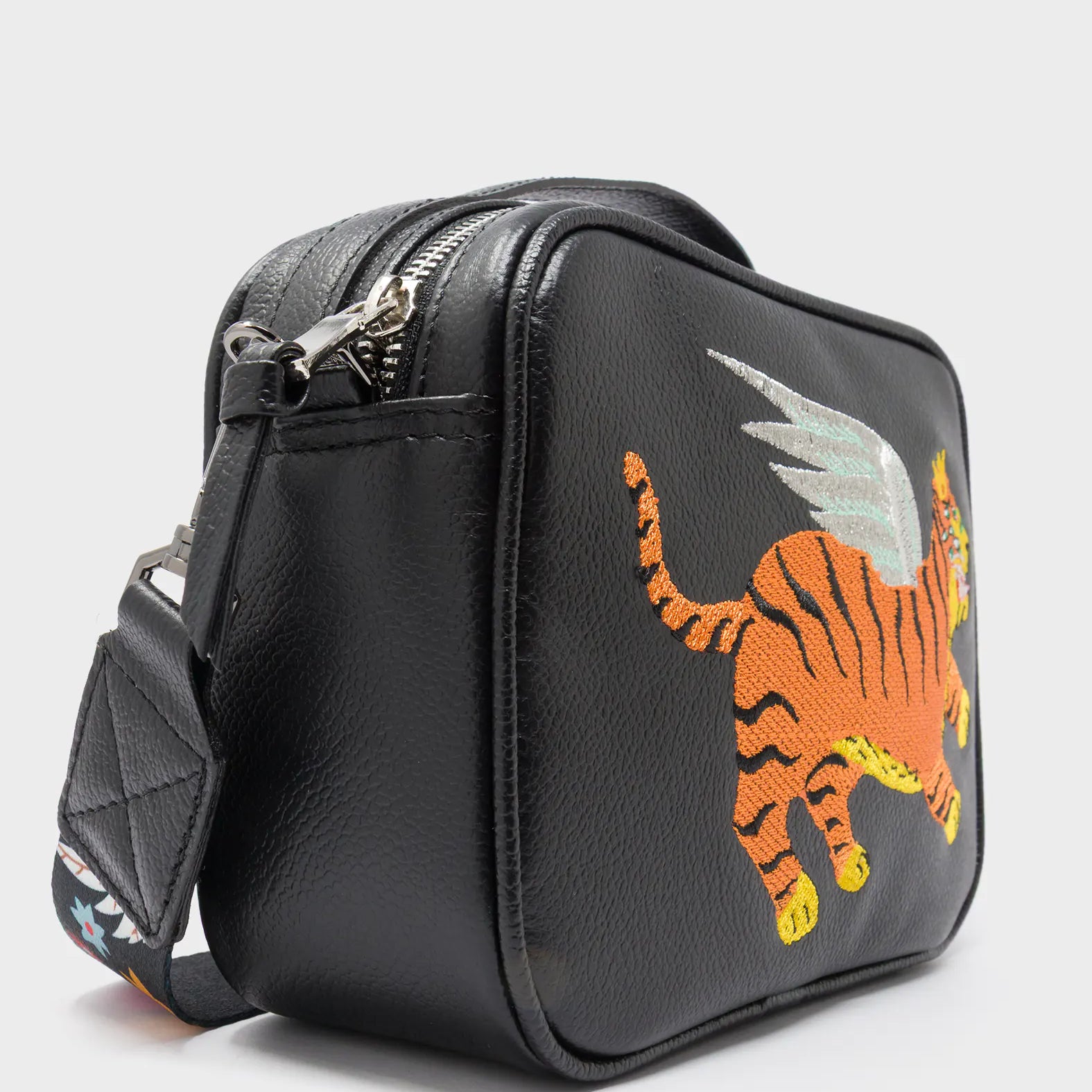Verto Black Leather Crossbody Bag - Winged Tiger Embroidery - Side Corner View