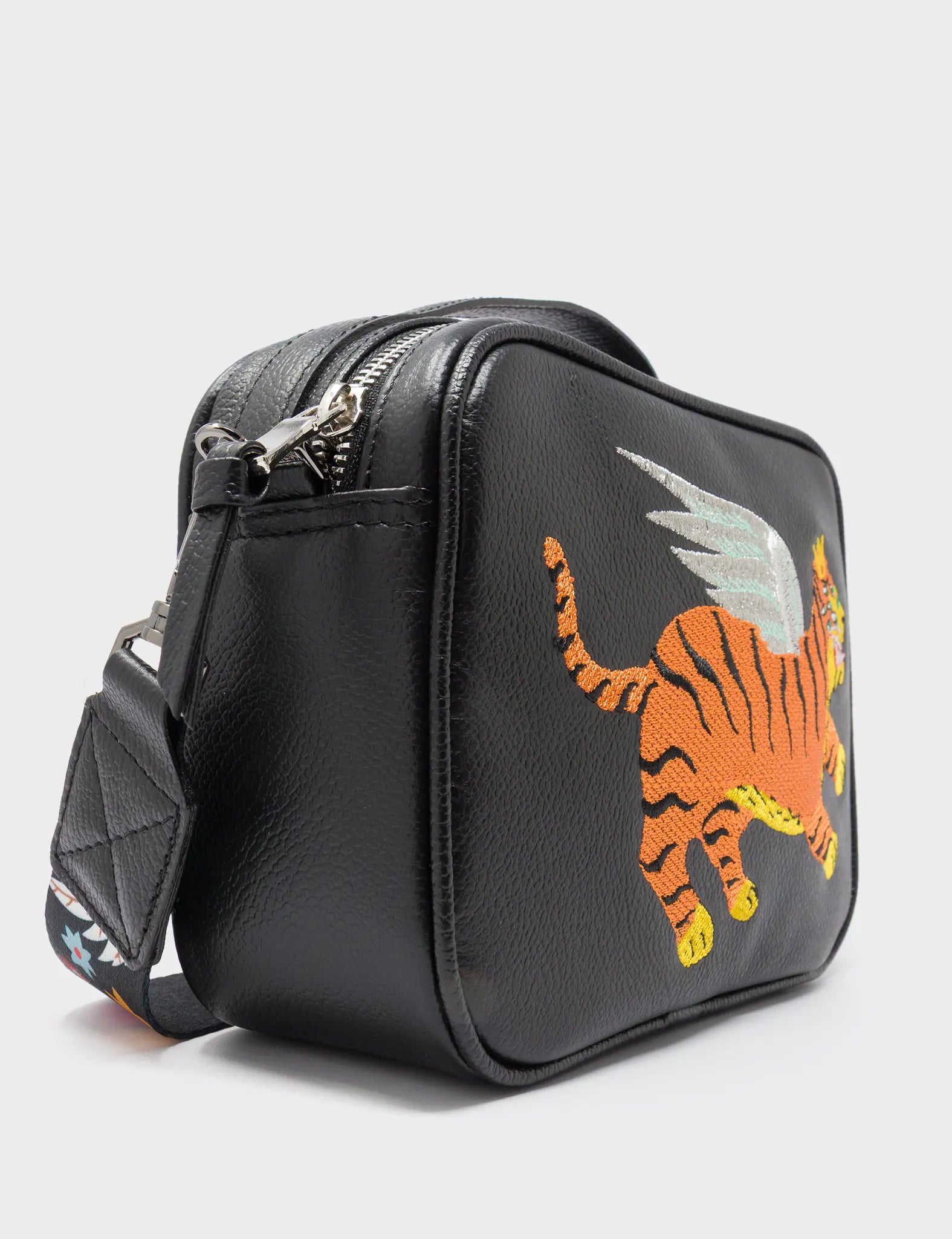 Verto Black Leather Crossbody Bag - Winged Tiger Embroidery - Side Corner View