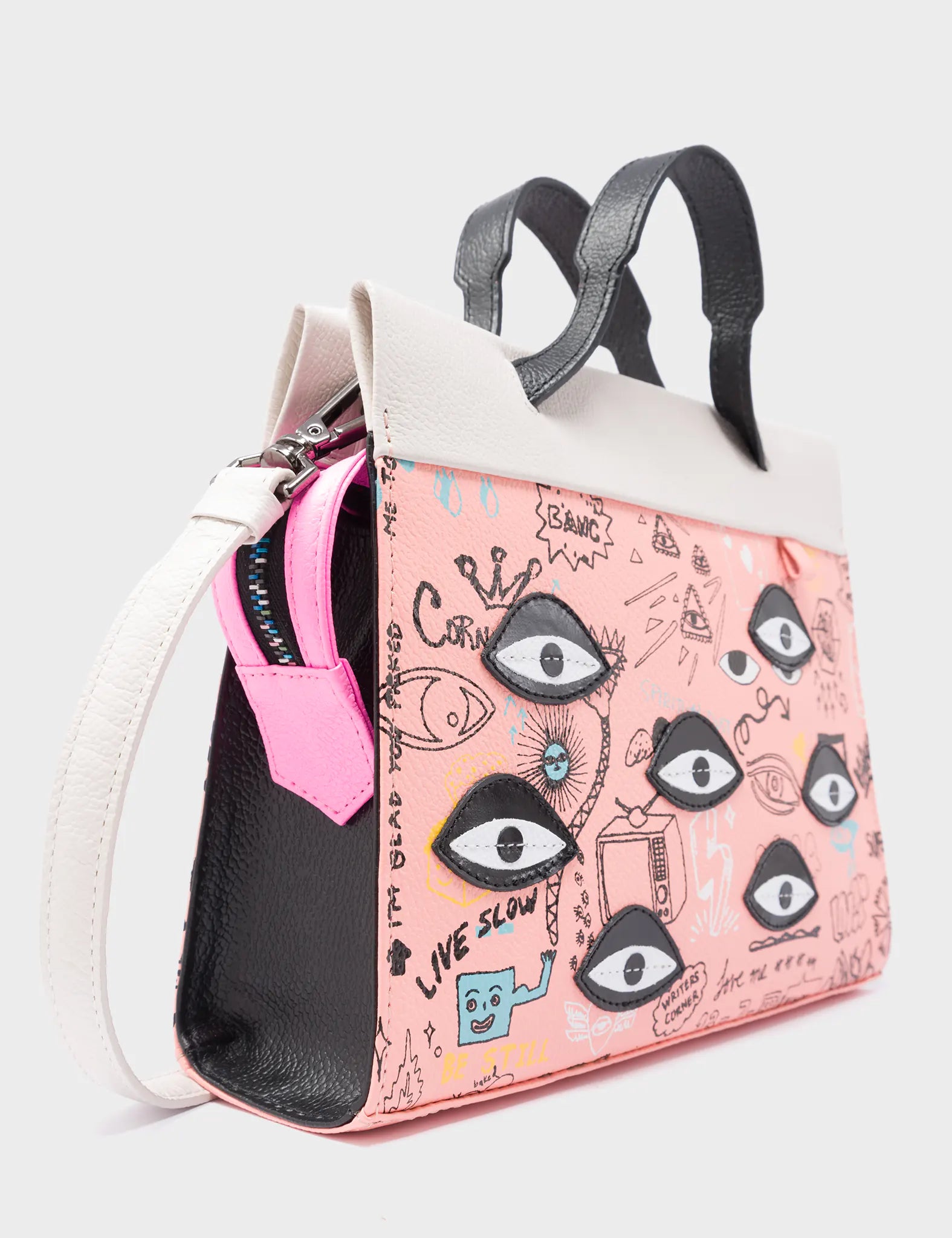 Vali Crossbody Small Rosa Leather Bag - Urban Doodles Print and Eyes Applique - Detail View