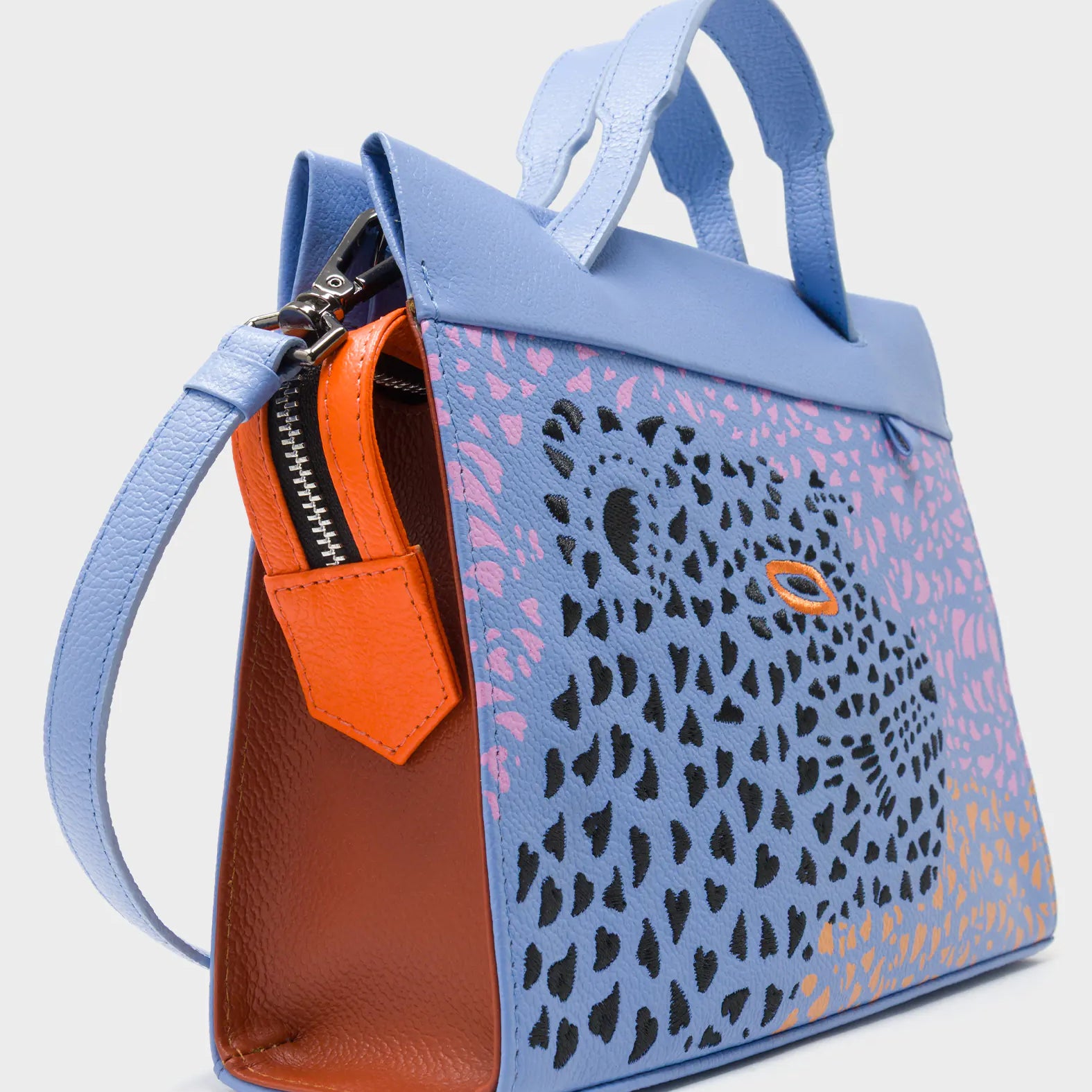 Vali Crossbody Vista Blue Leather Bag - Retro Tiger Design - Side Corner View