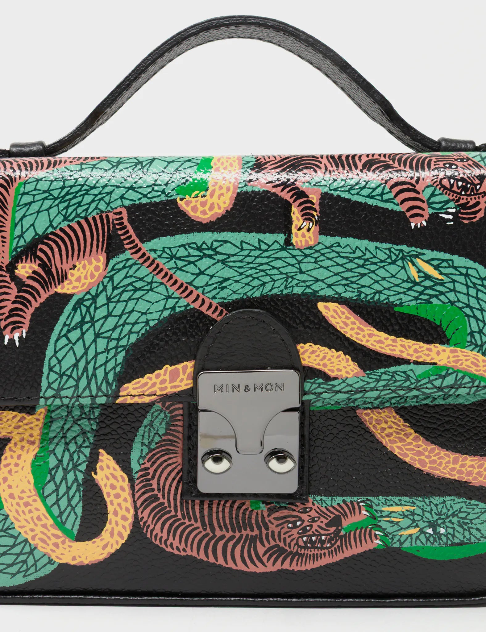 Amantis Black Leather Crossbody Mini Handbag - Tangle Tales Design - Detail View