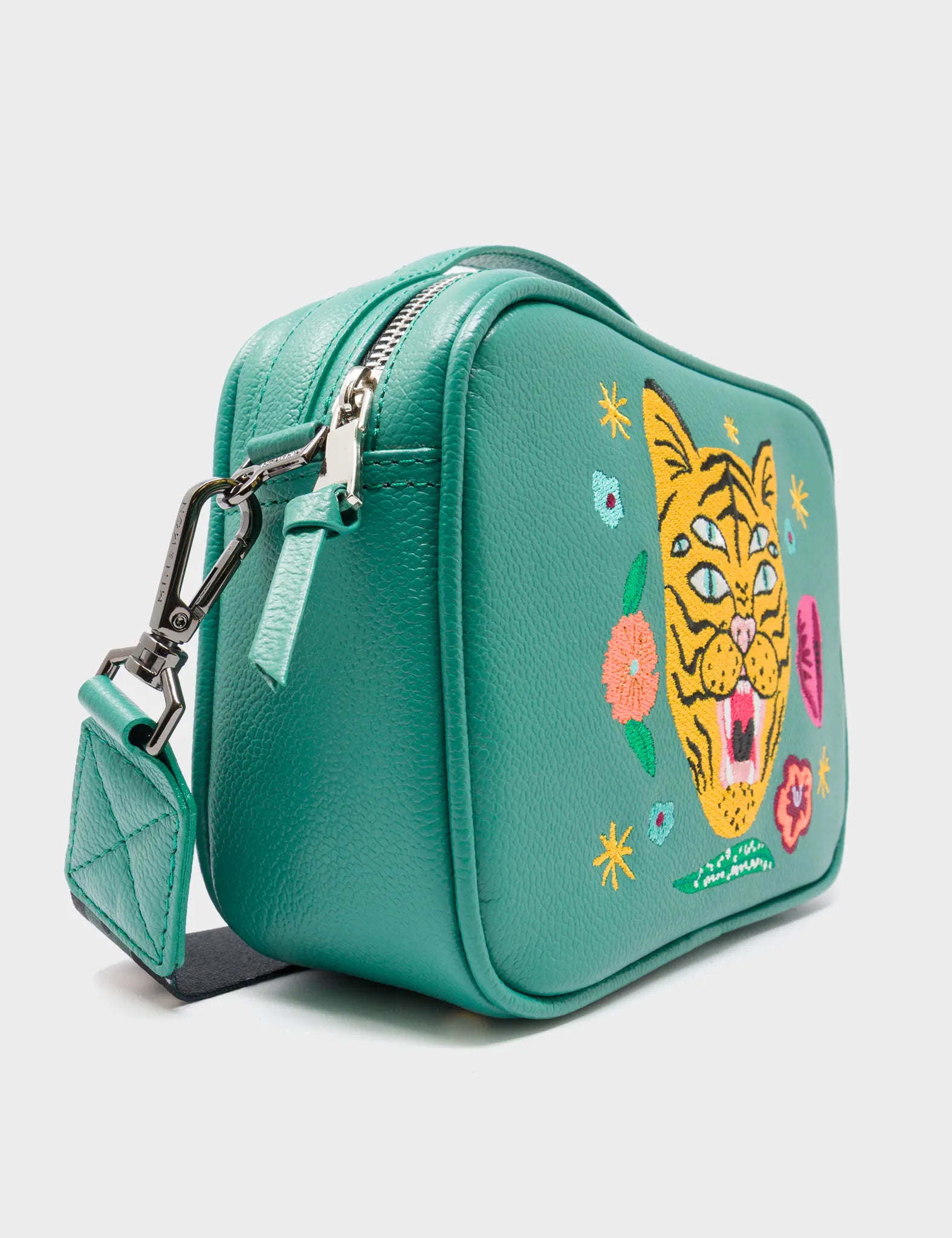 Verto Deep Green Leather Crossbody Bag - Happy Tiger Embroidery - Side View