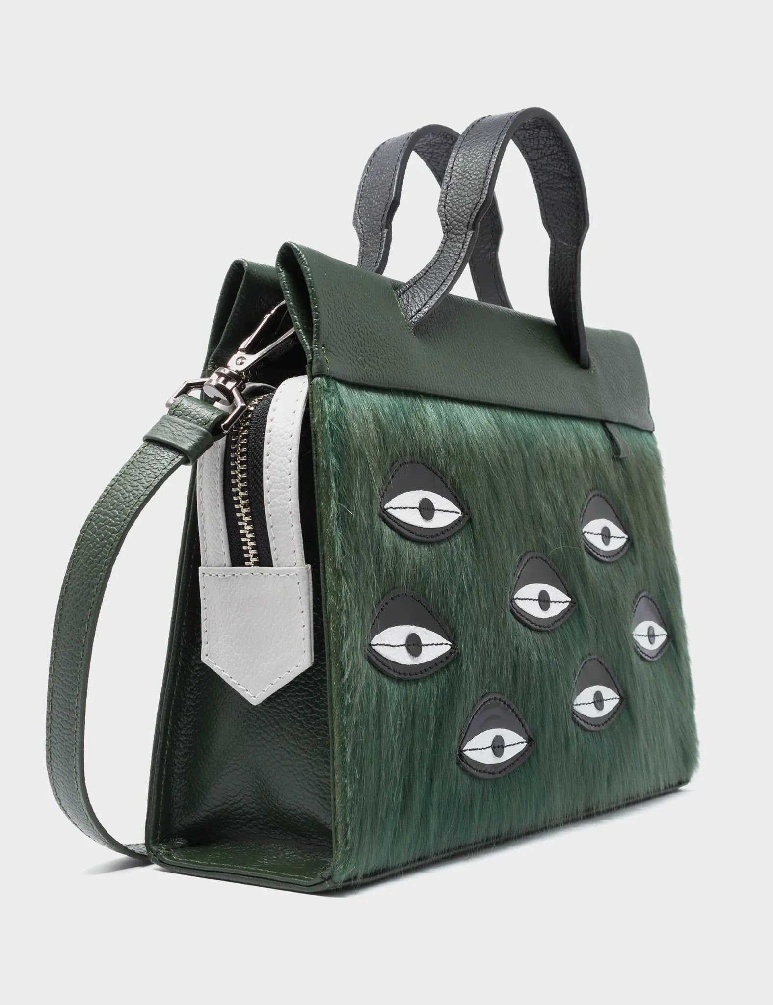 Vali Crossbody Small Green And Black Leather Bag - Eyes Applique Adjustable Handle - Side View