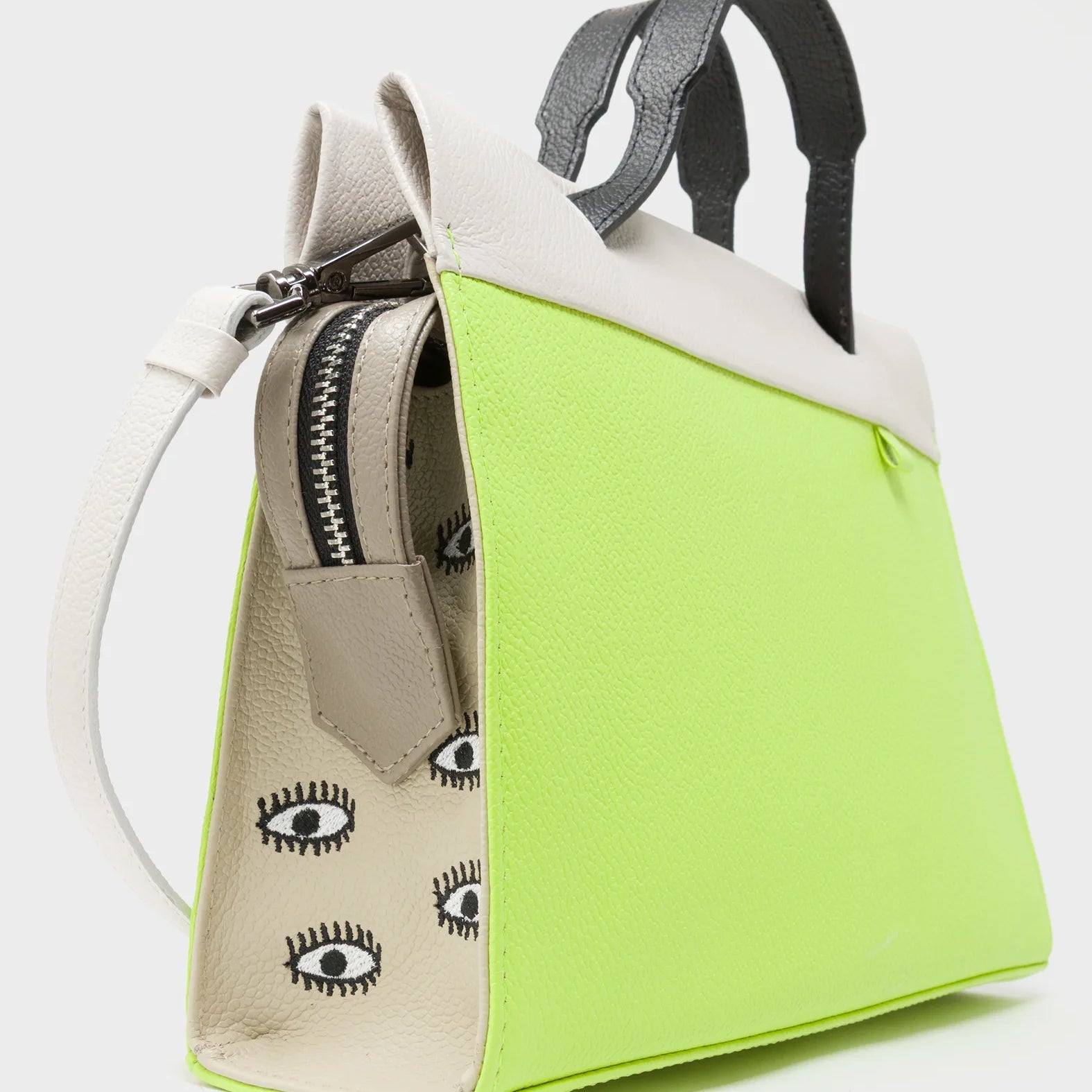 Vali Crossbody Sharp Green Leather Bag - All Over Eyes Embroidery - Side Corner View