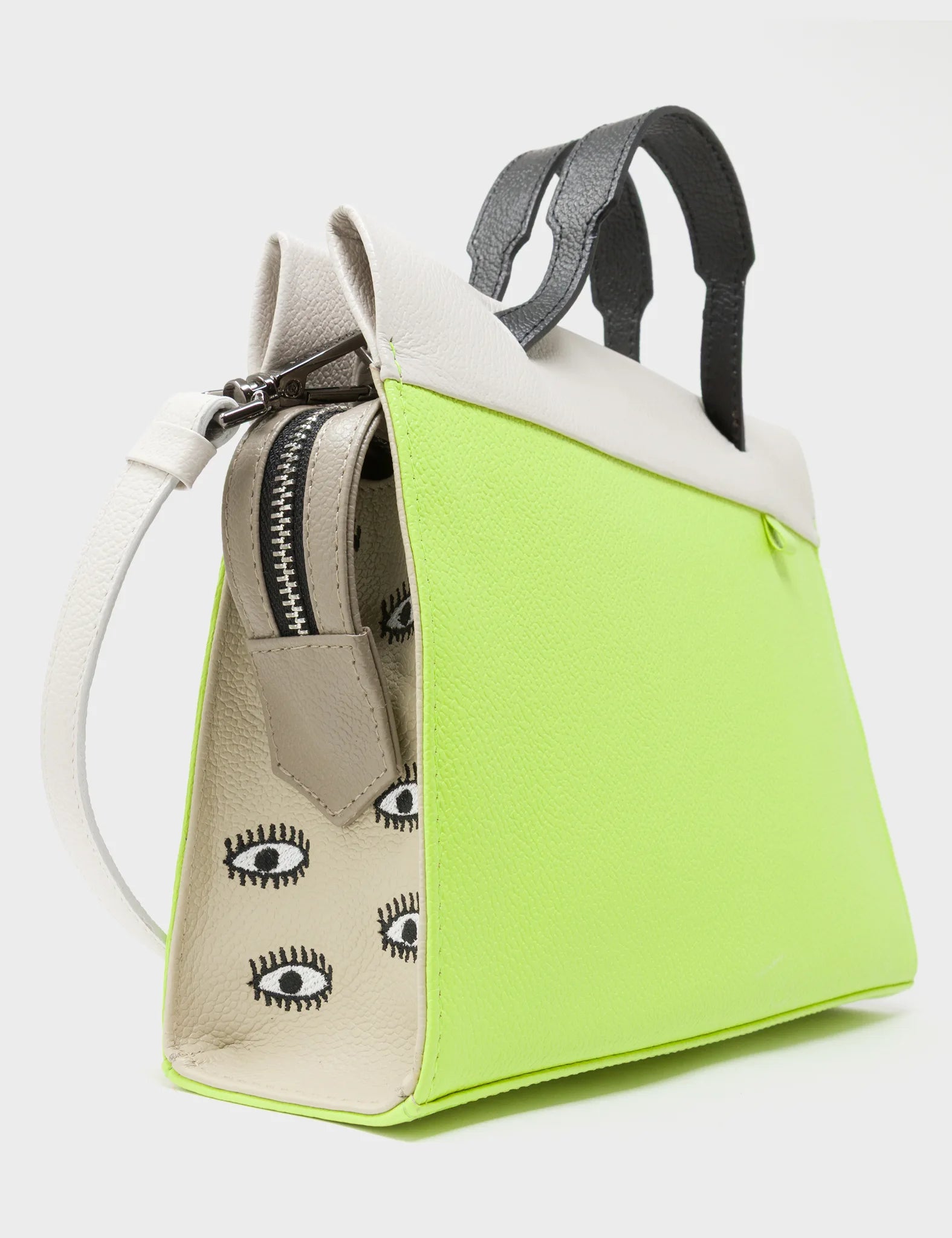 Vali Crossbody Sharp Green Leather Bag - All Over Eyes Embroidery - Side Corner View